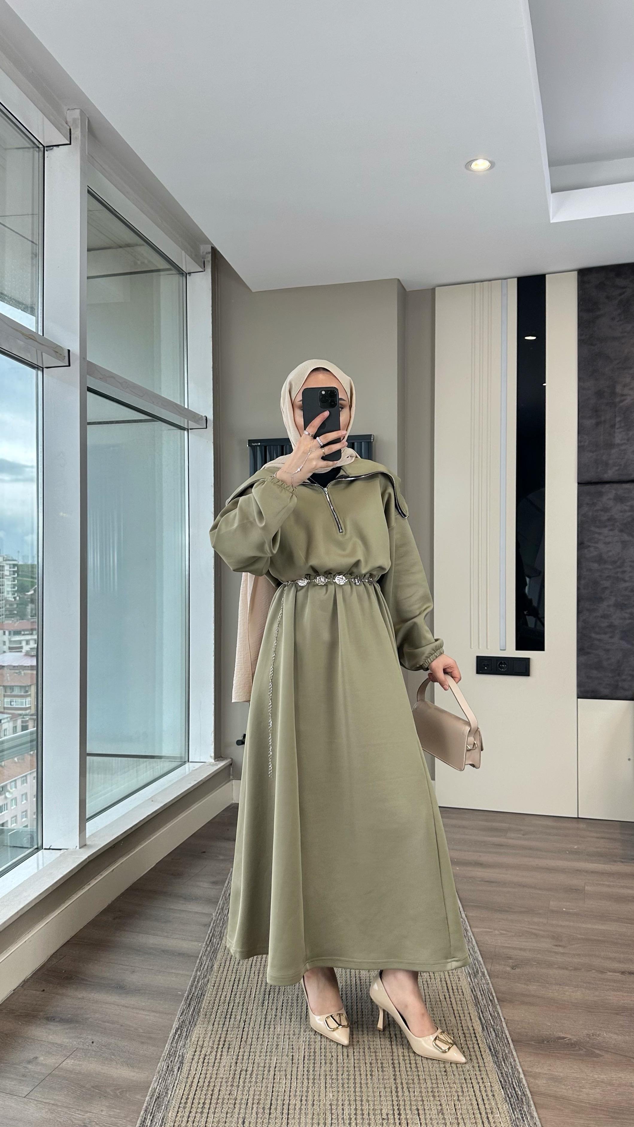 Yakası Geniş Skuba Elbise YeşilDubaiShowroomELBİSELER01053