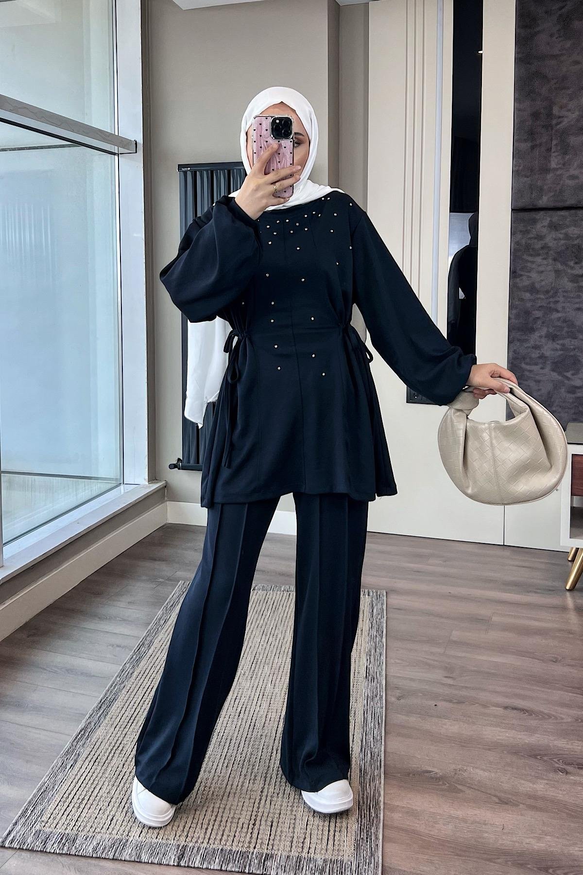 Taşlı İkili Takım Lacivert DubaiShowroomTAKIM41544