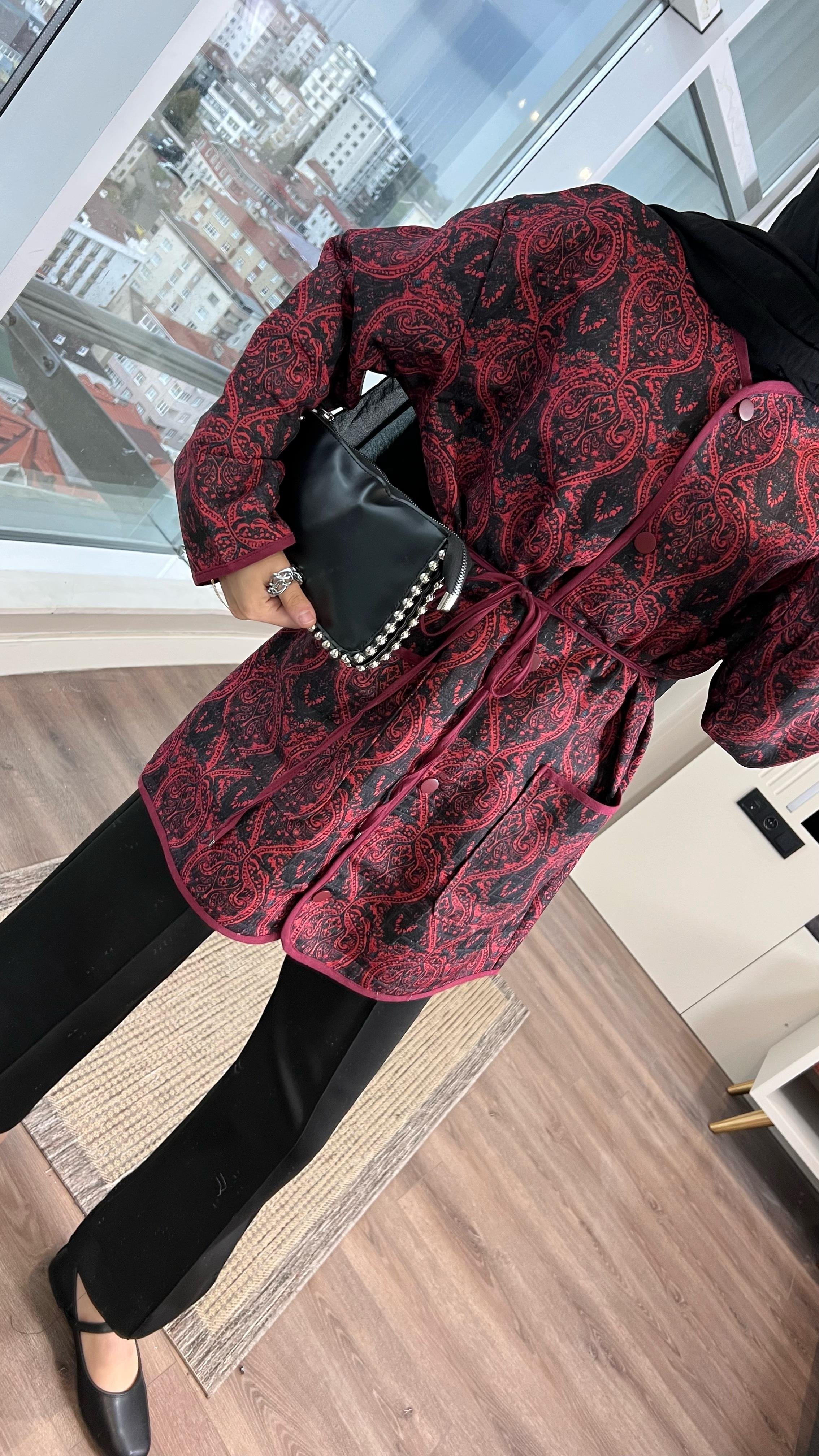 Desenli Kimono BordoDubaiShowroomDIŞ GİYİM01983