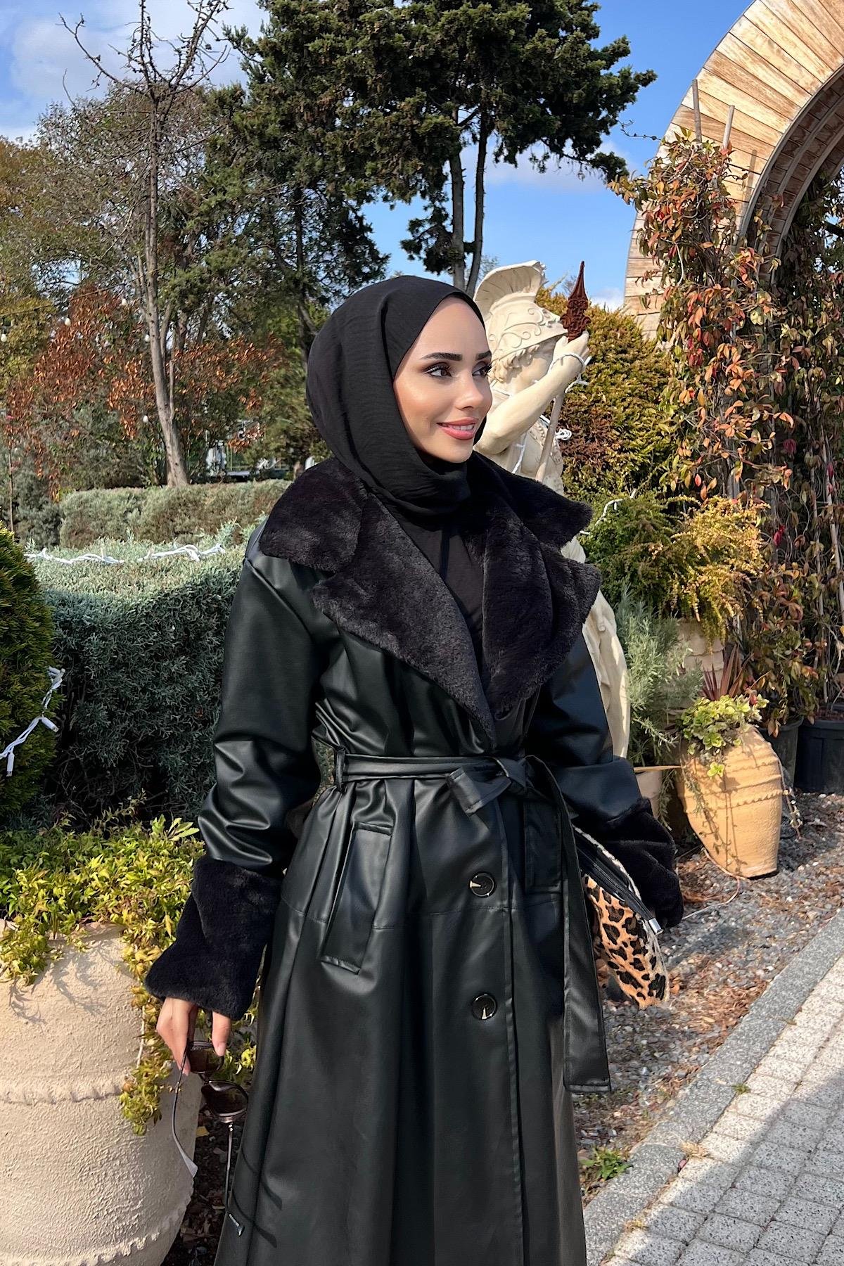 Yakası Kürklü Deri Trenç SiyahDubaiShowroomDIŞ GİYİM00995