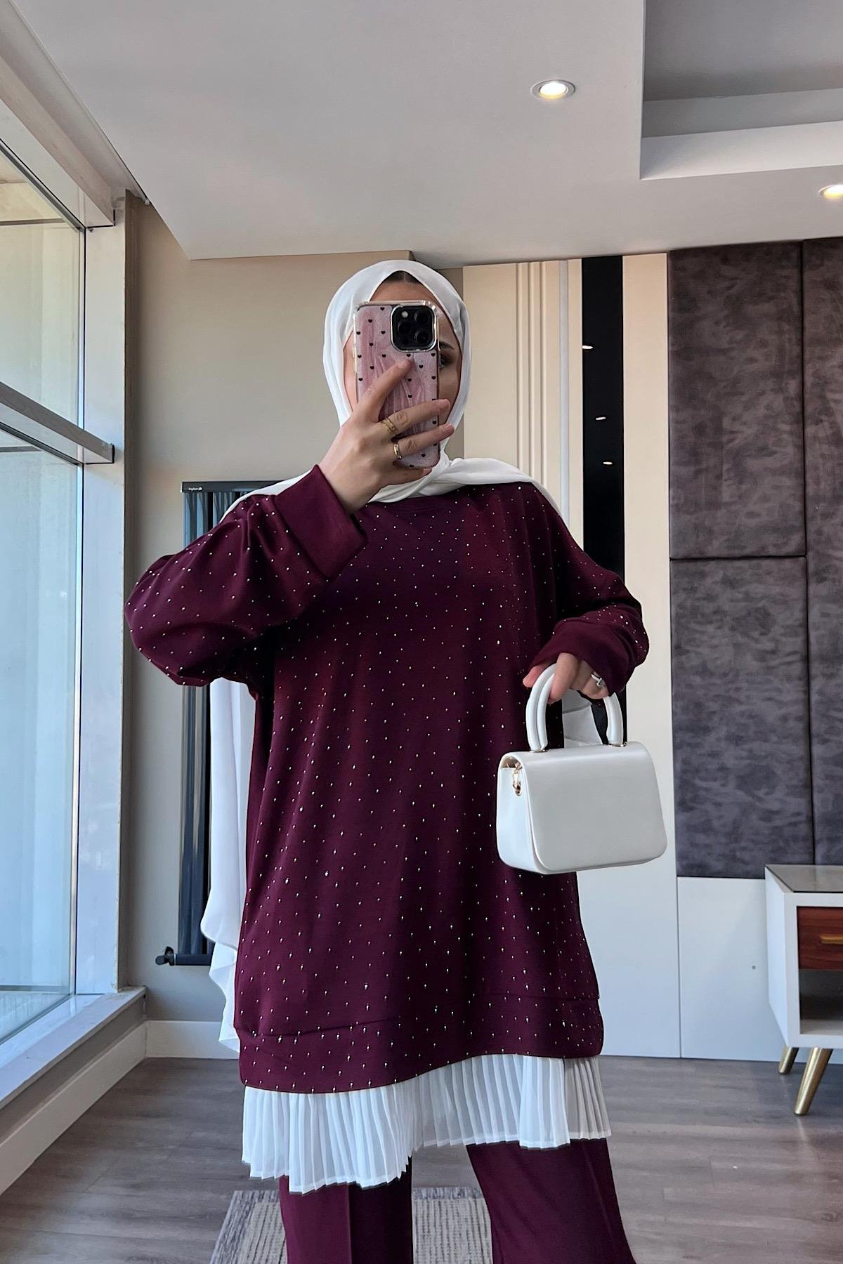 Altı Pileli Üzeri taşlı Takım Bordo DubaiShowroomTAKIM41654
