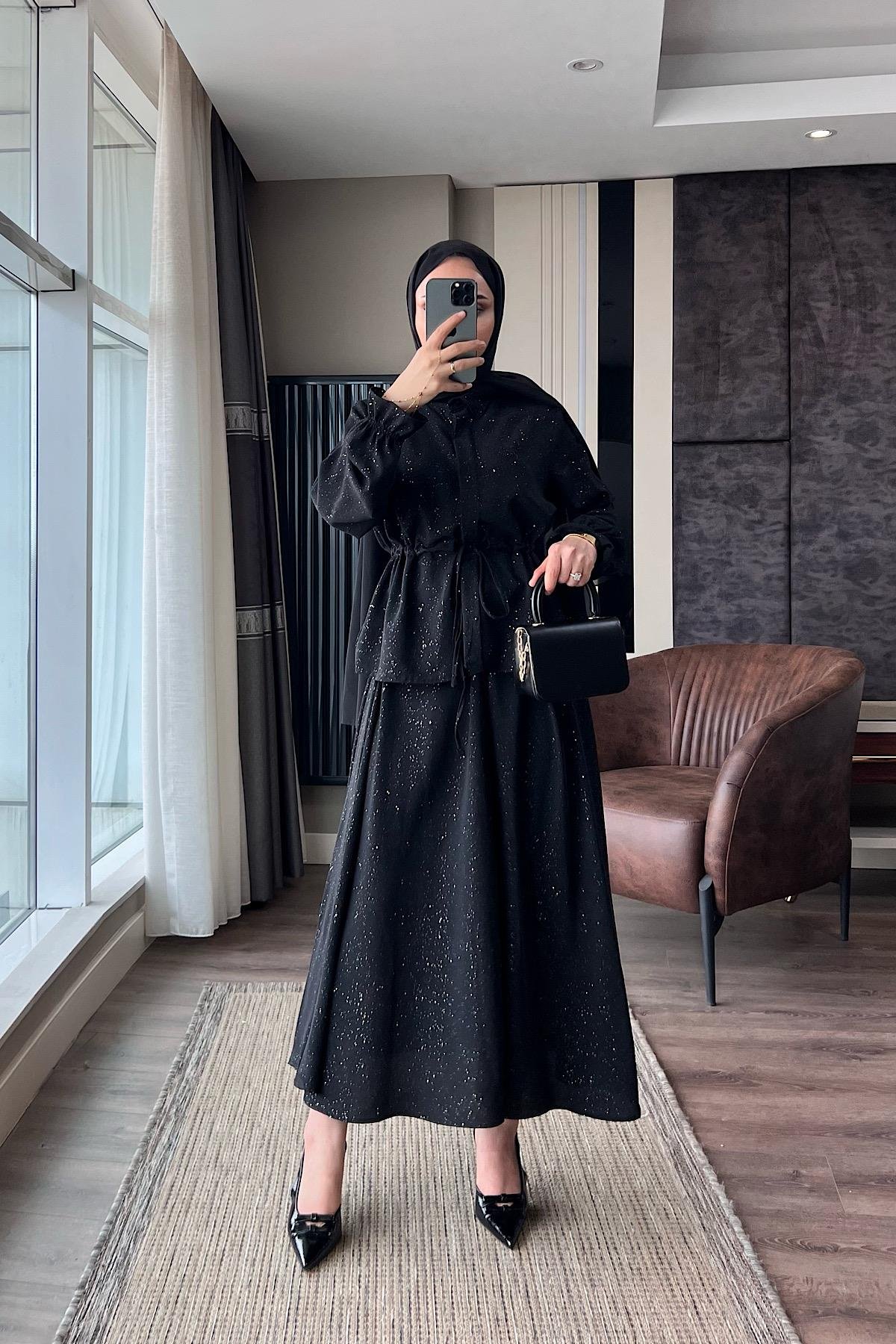 Beli tünelli simli ikili takım siyahDubaiShowroomTAKIM01952