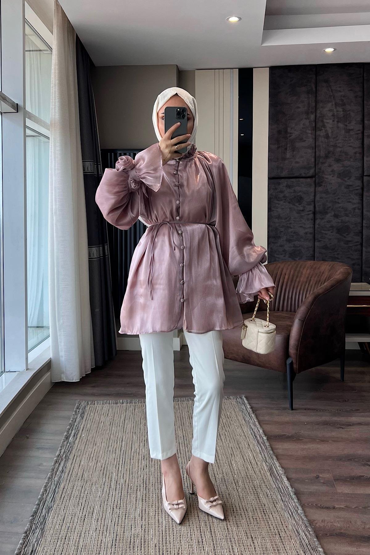 Organze Gül Detaylı Tunik PudraDubaiShowroomÜST GİYİM8971