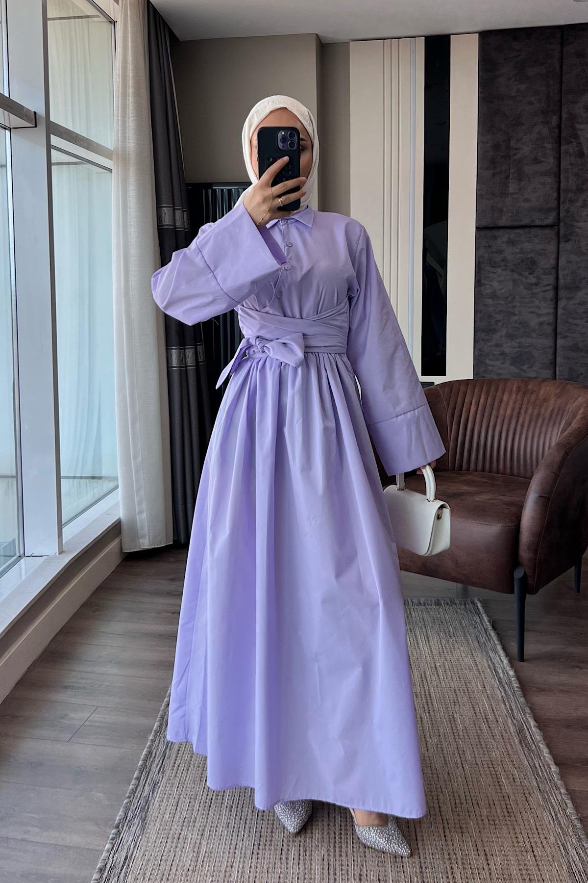 Bağlama Detaylı Poplin Elbise Lila DubaiShowroomELBİSELER01045