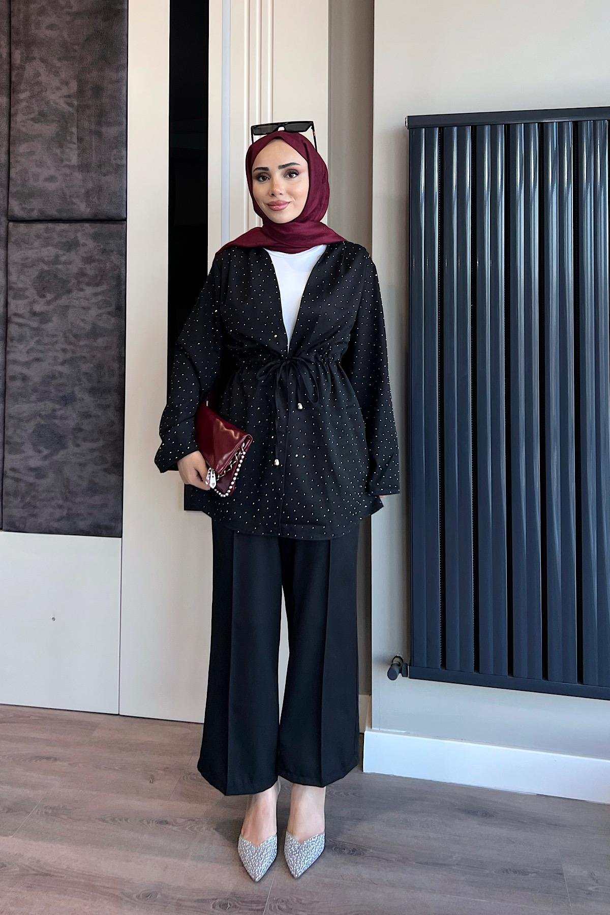Üzeri Taşlı İkili Takım SiyahDubaiShowroomTAKIM04727-SYH