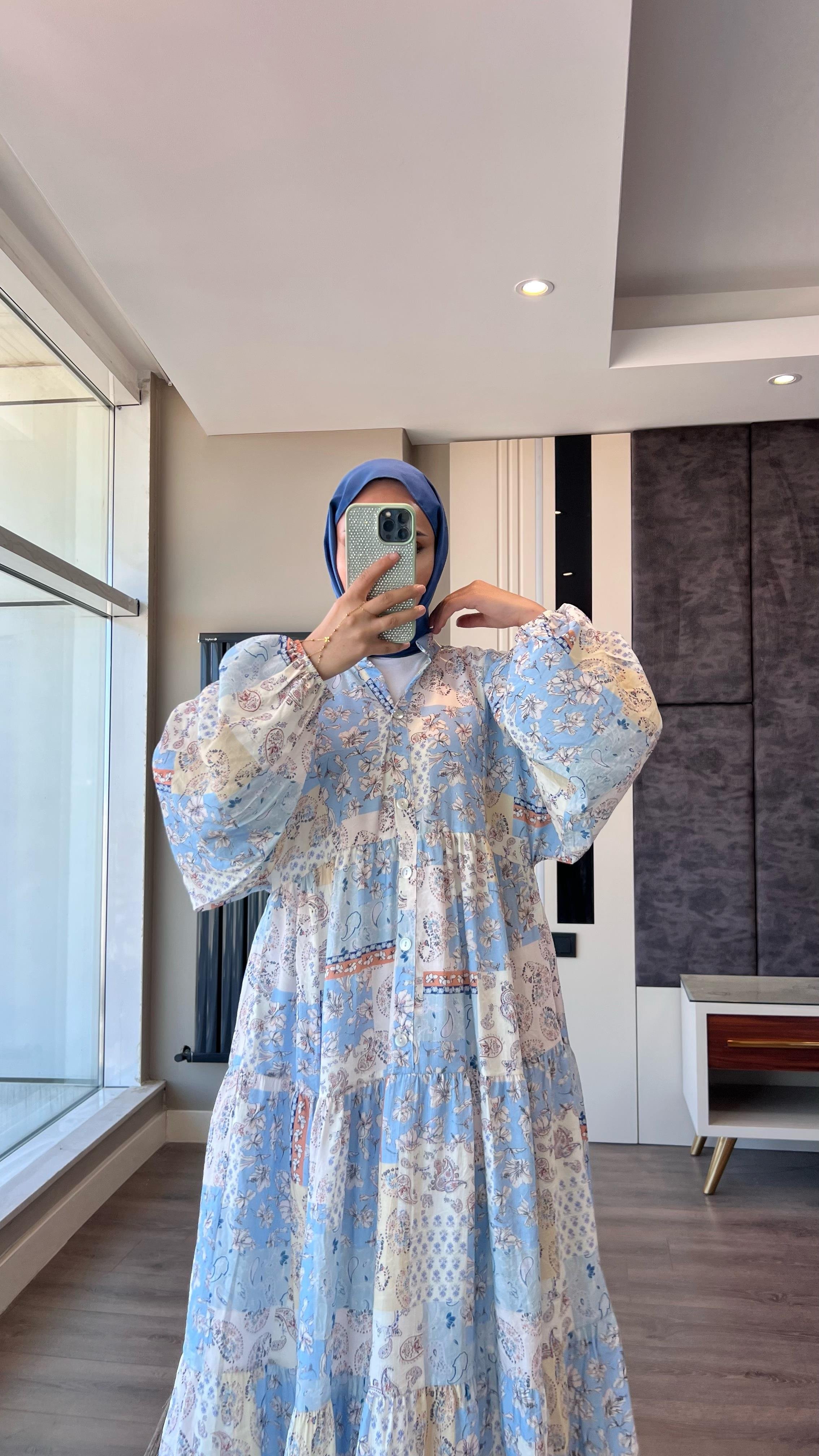 Yarım Patlı Desenli Elbise MaviDubaiShowroomELBİSELER01551-MAVİ