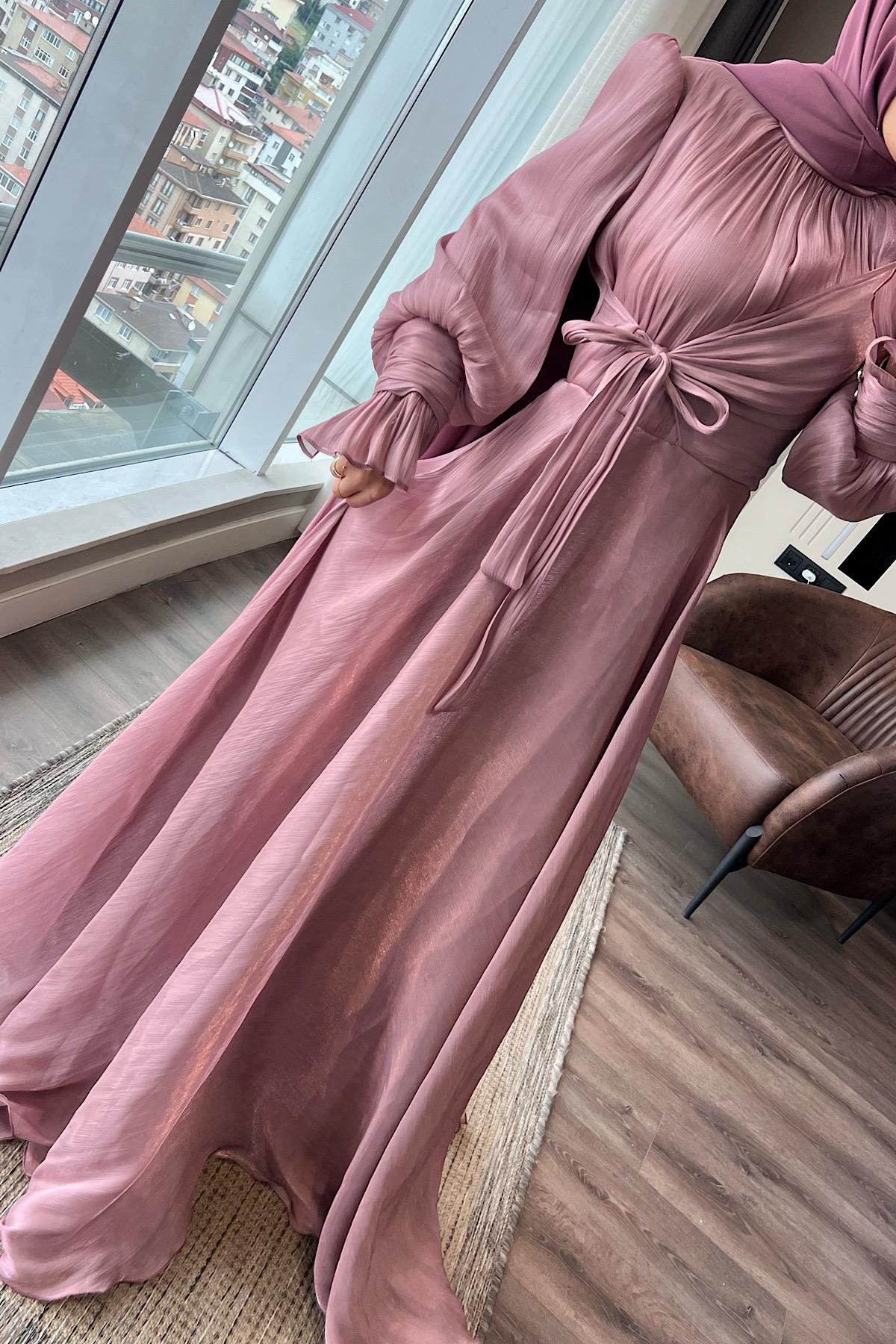 Önü Bağlamalı elbise Gül KurusuDubaiShowroomELBİSELER00994