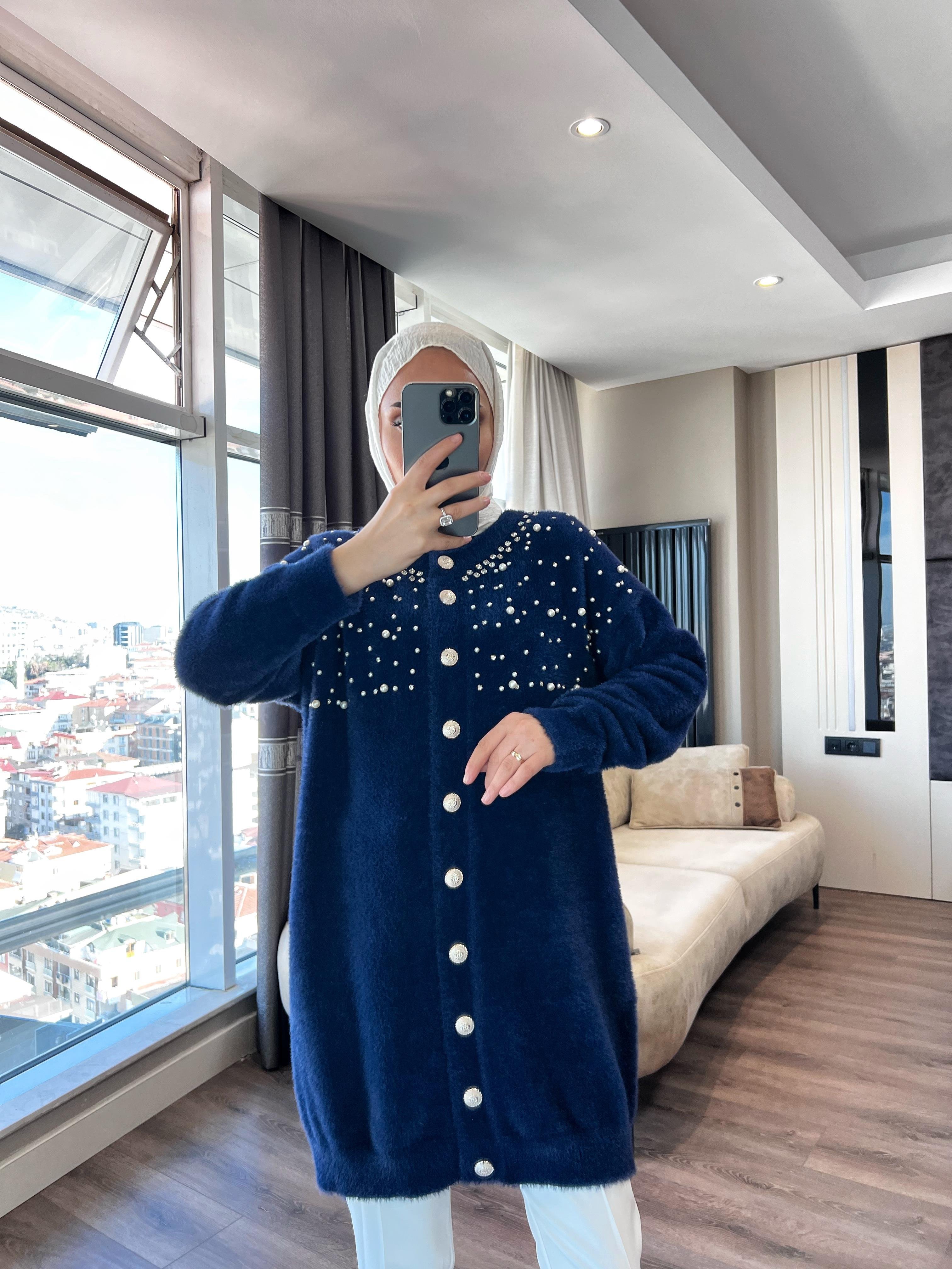 Angora taşlı hırka Lacivert 