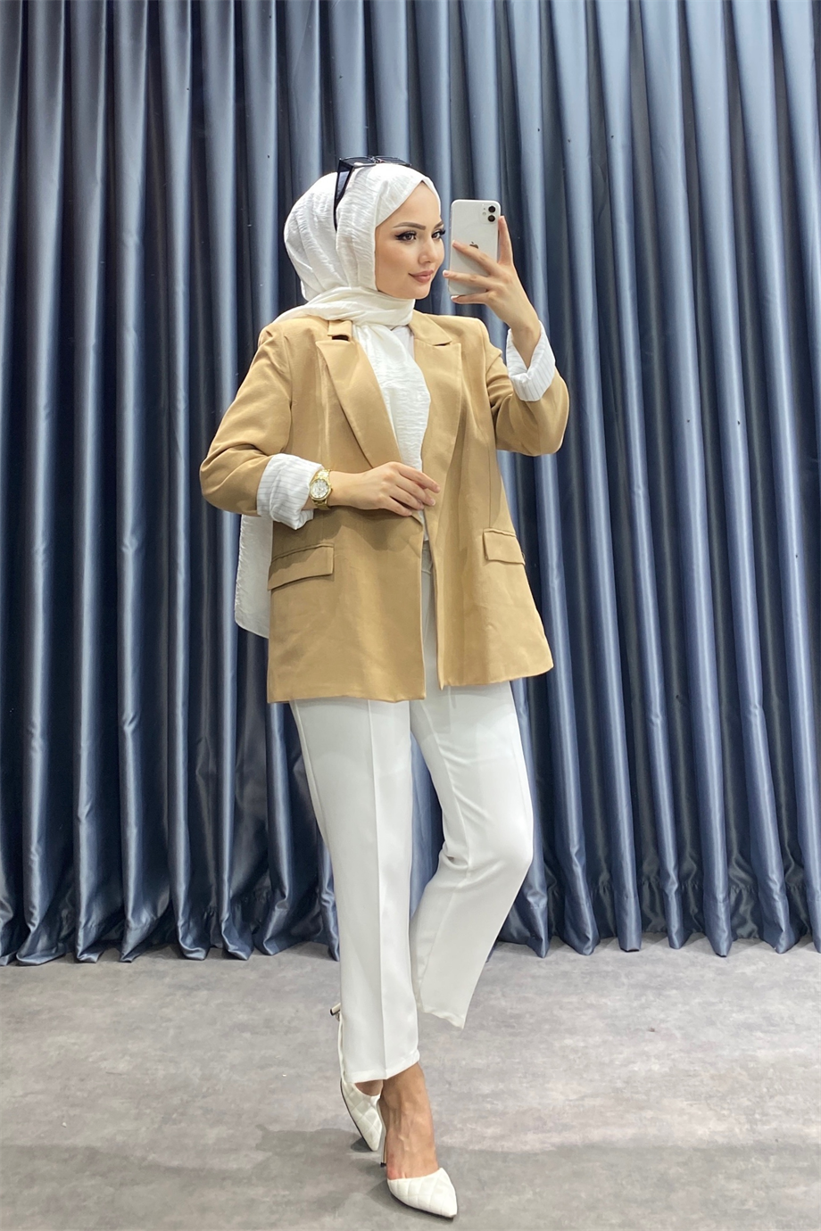 Astarı çizgili ceket camel