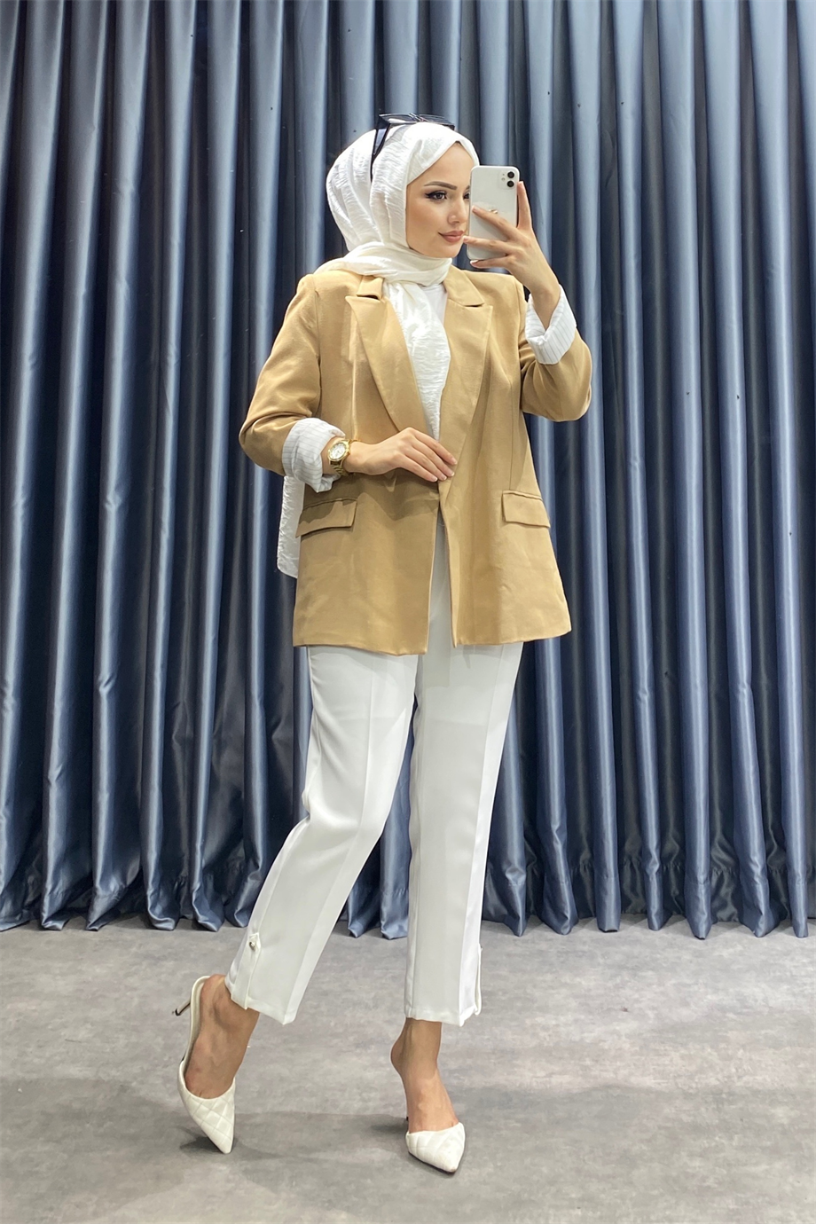 Astarı çizgili ceket camel