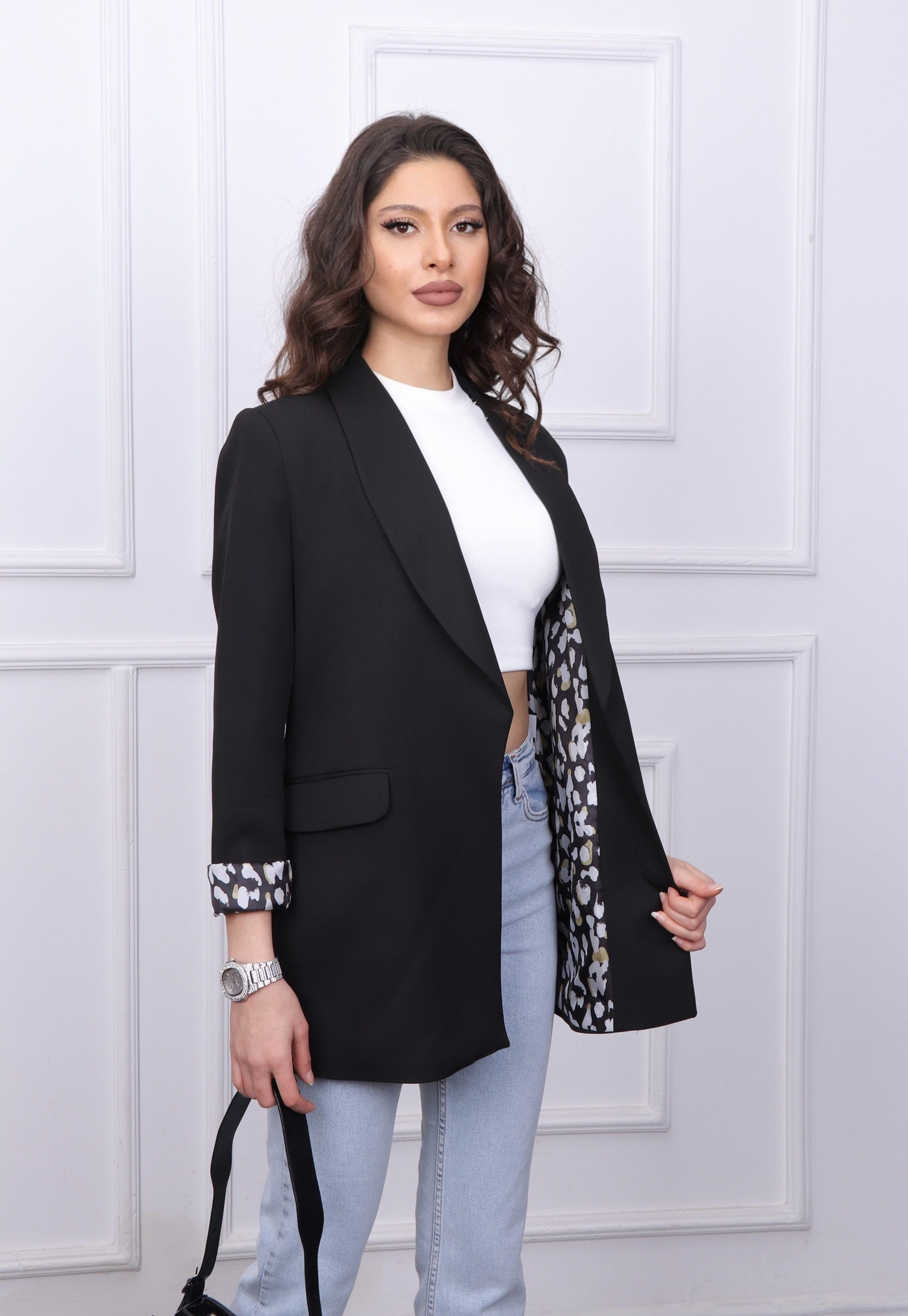 Astarı Leoparlı ceket Siyah