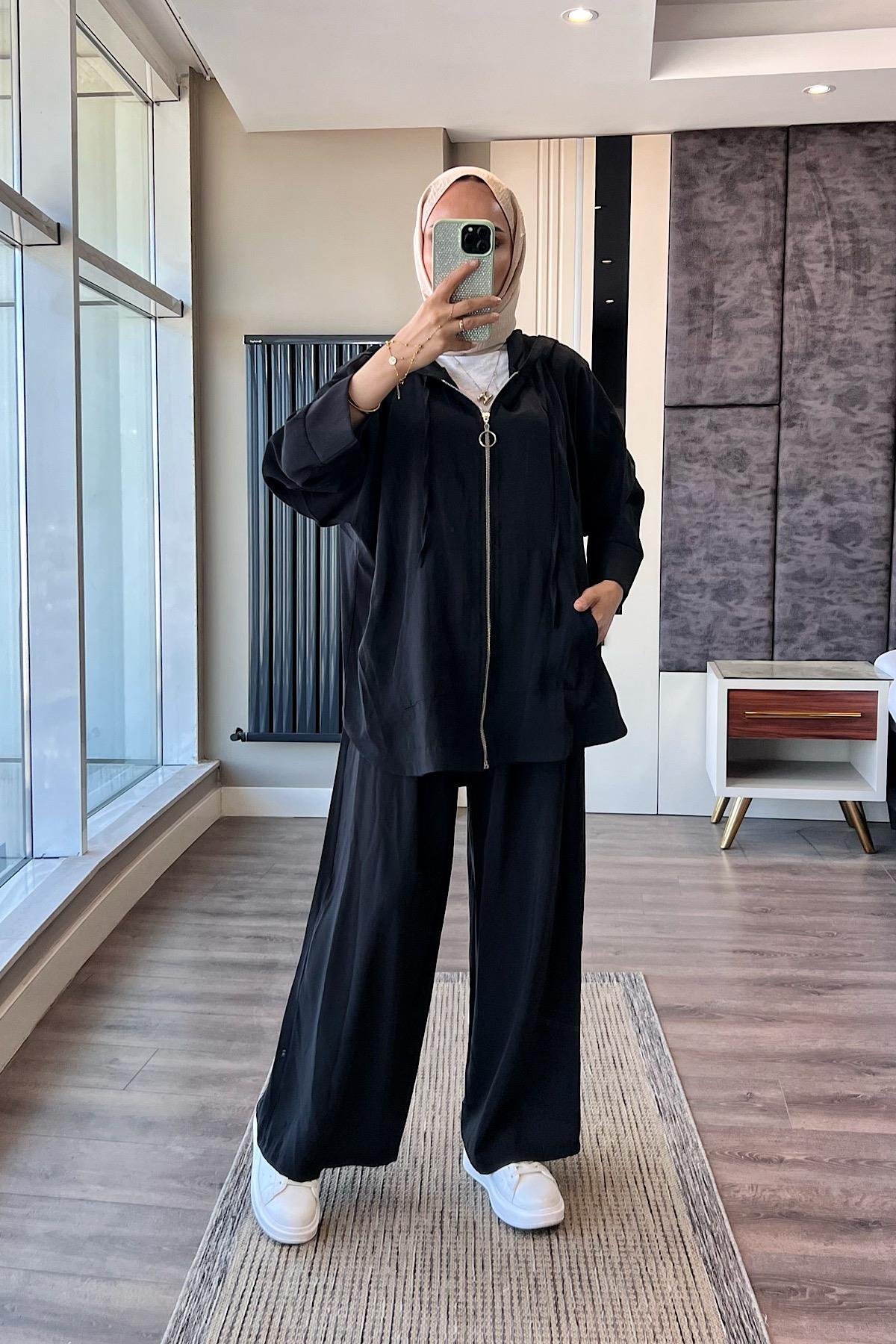Fermuarlı Kapşonlu Takım SiyahDubaiShowroomTAKIM02323-SYH