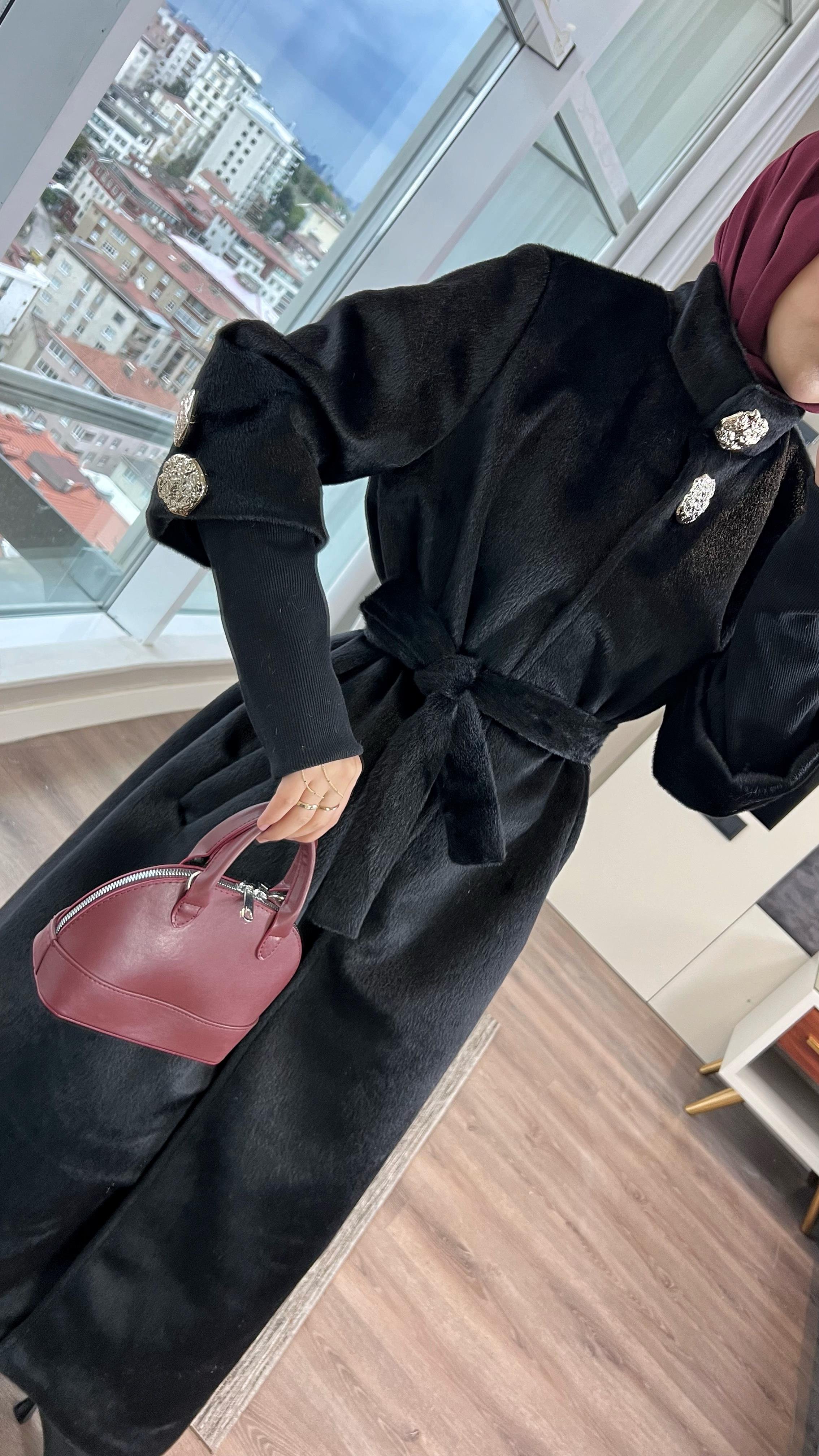 Kol Ribanalı Angora Kaban SiyahDubaiShowroomDIŞ GİYİM09159