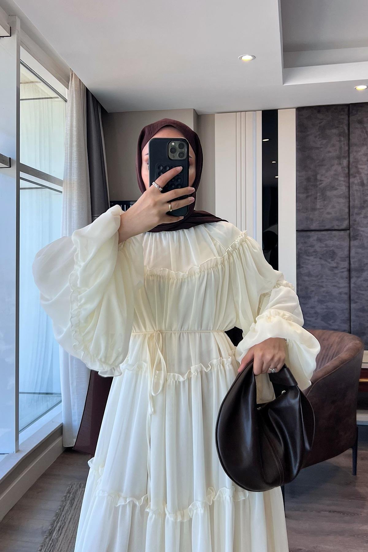 Fırfırlı Şifon Elbise KremDubaiShowroomELBİSELER9886