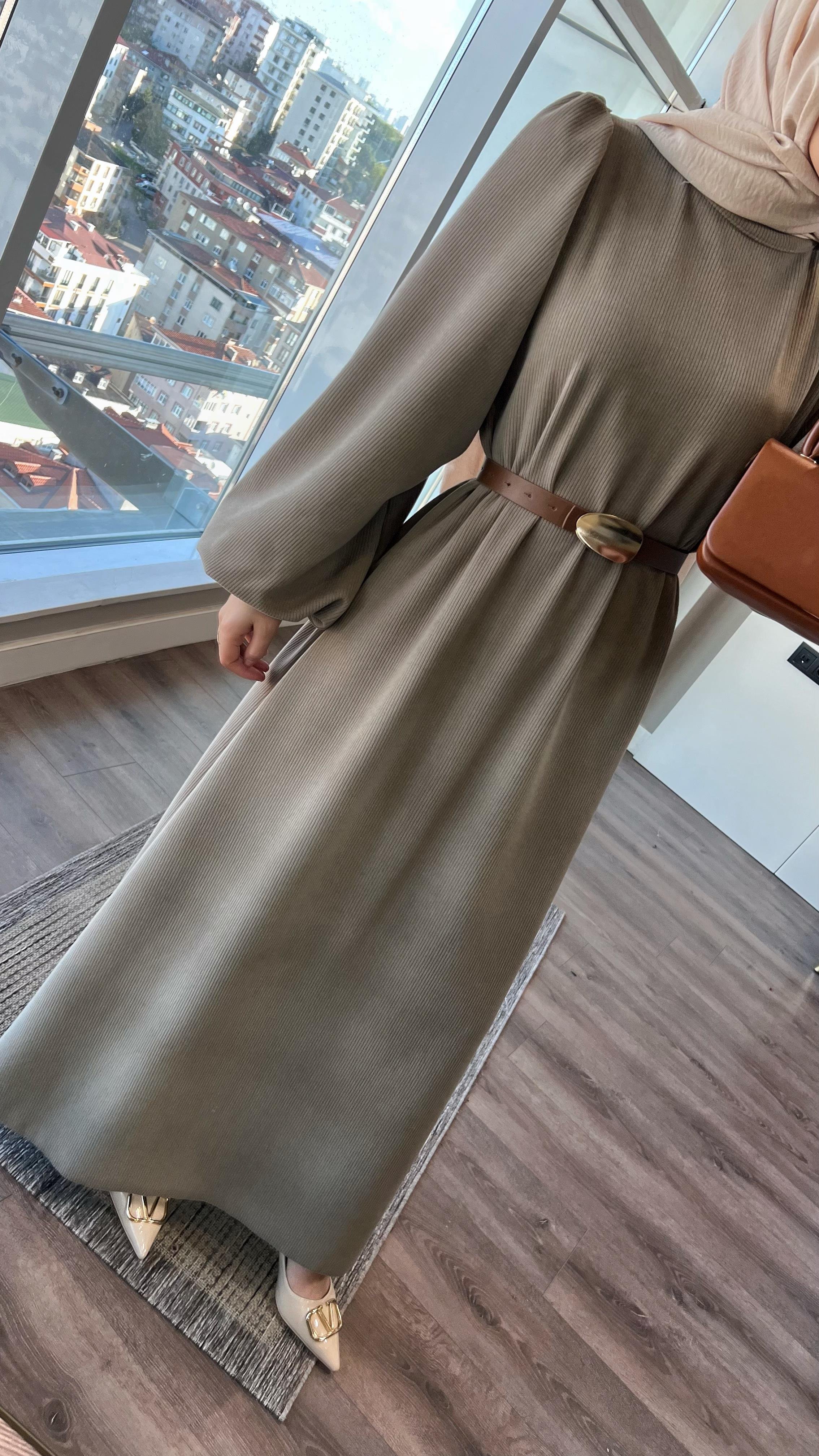 Kemerli Balon Kol Elbise VizonDubaiShowroomELBİSELER01151