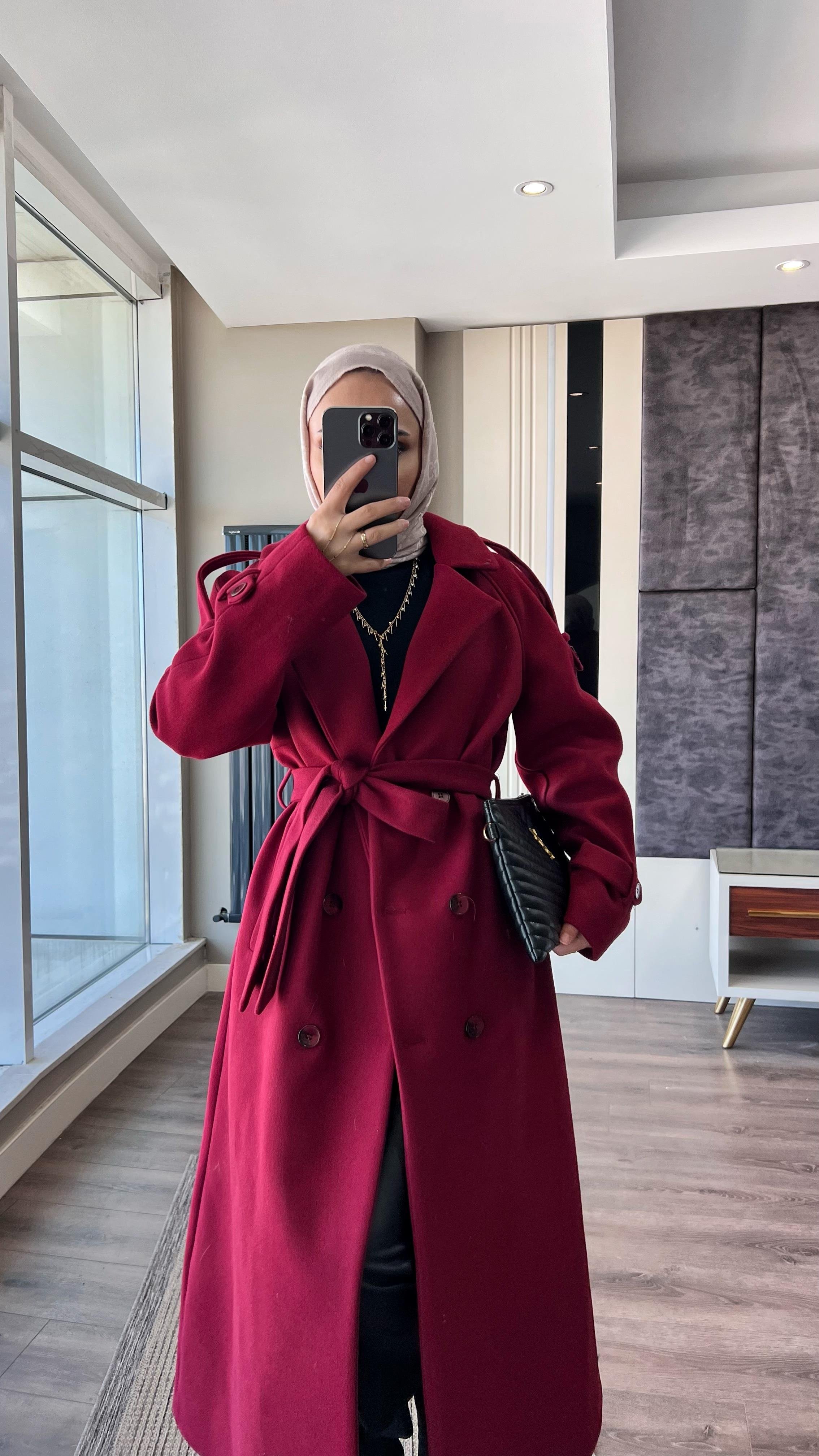 Kuşaklı Kaşe Kaban BordoDubaiShowroomDIŞ GİYİM70028