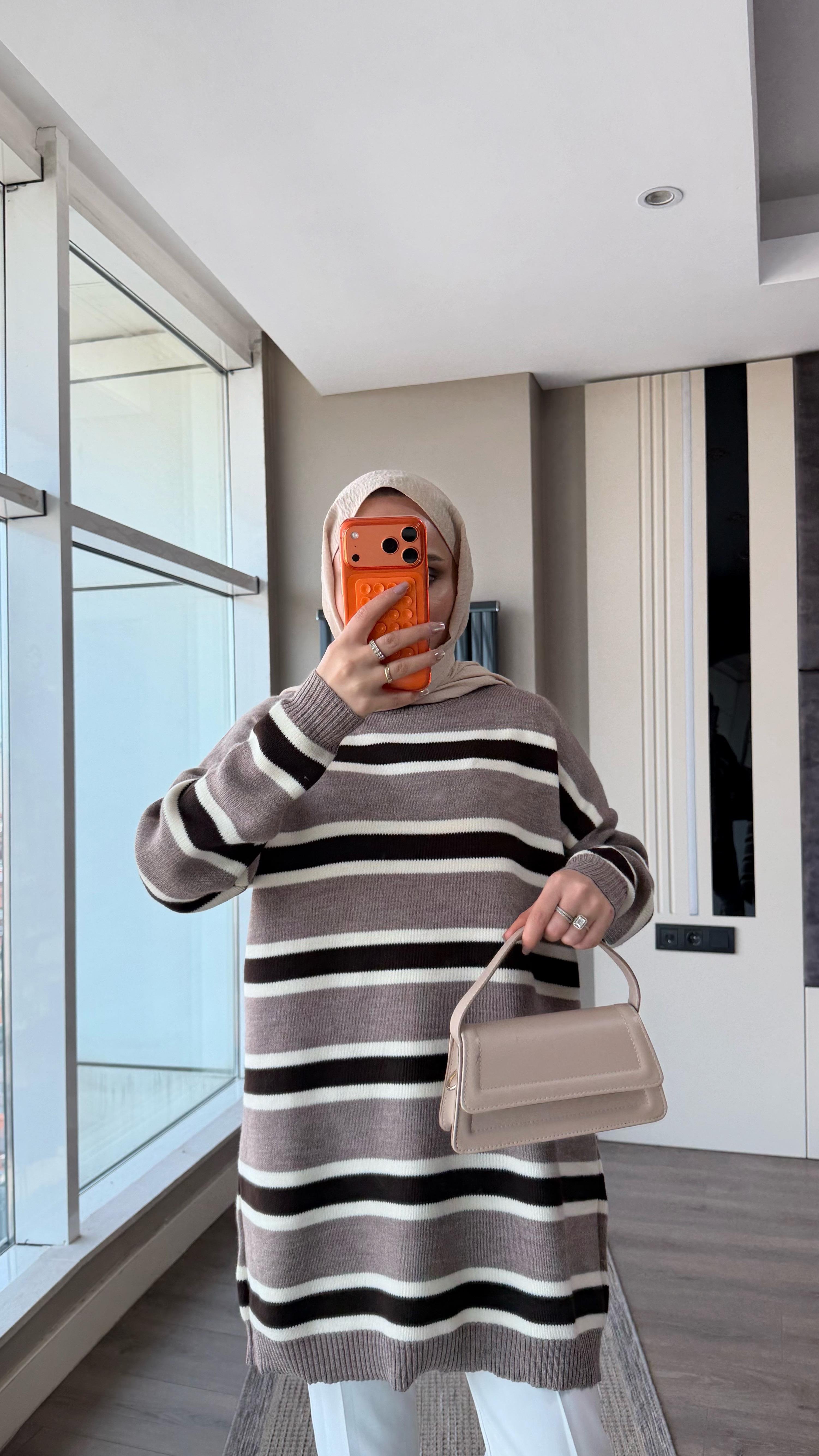 Çizgili Tunik VizonDubaiShowroomDIŞ GİYİM09390