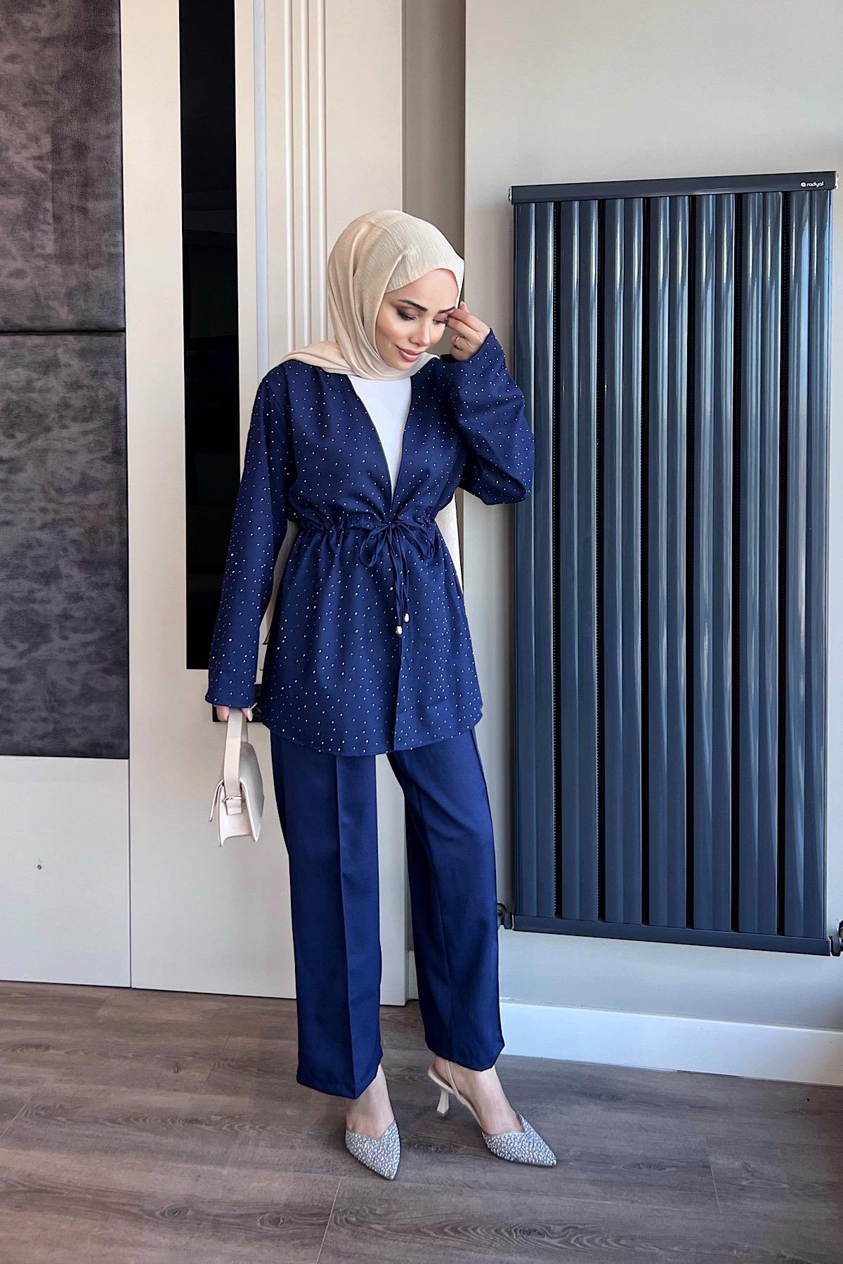 Üzeri Taşlı İkili Takım LacivertDubaiShowroomTAKIM04727
