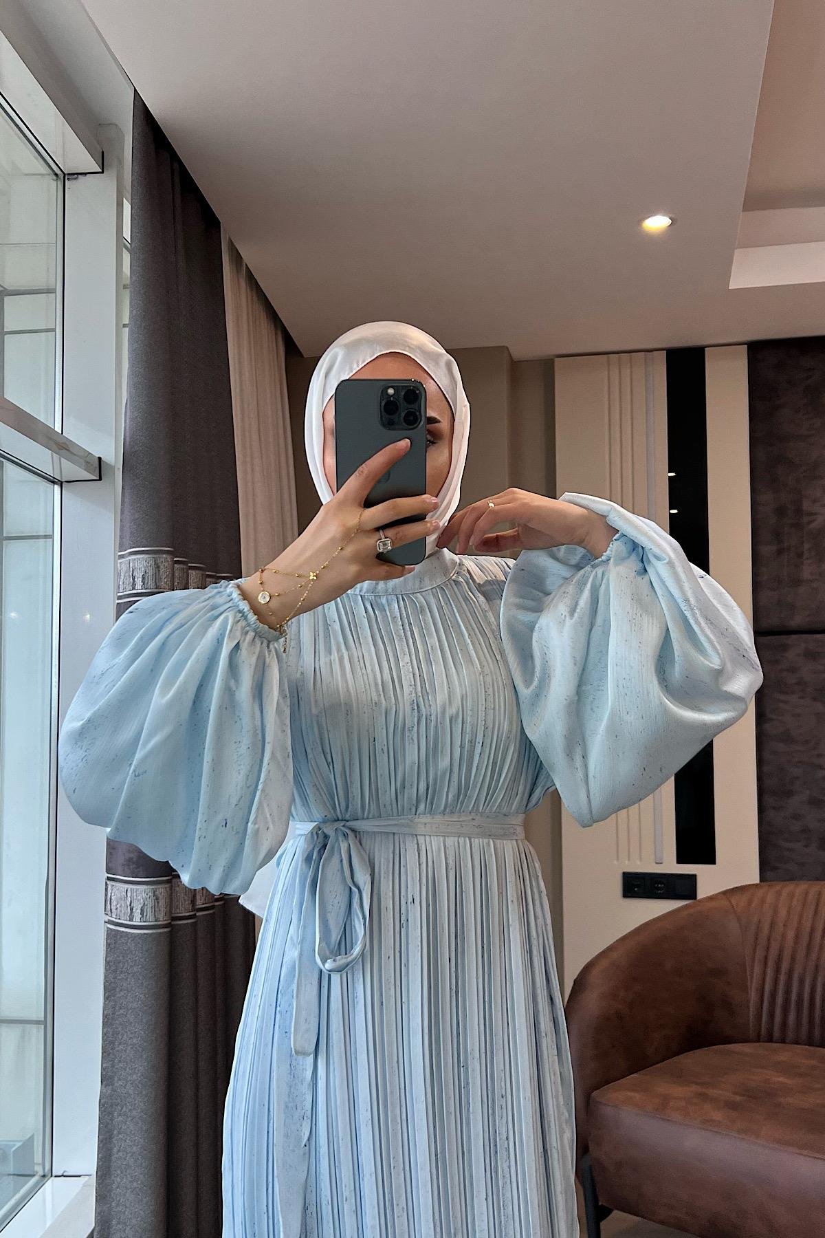 Balon Kol Saten Elbise Bebe Mavisi