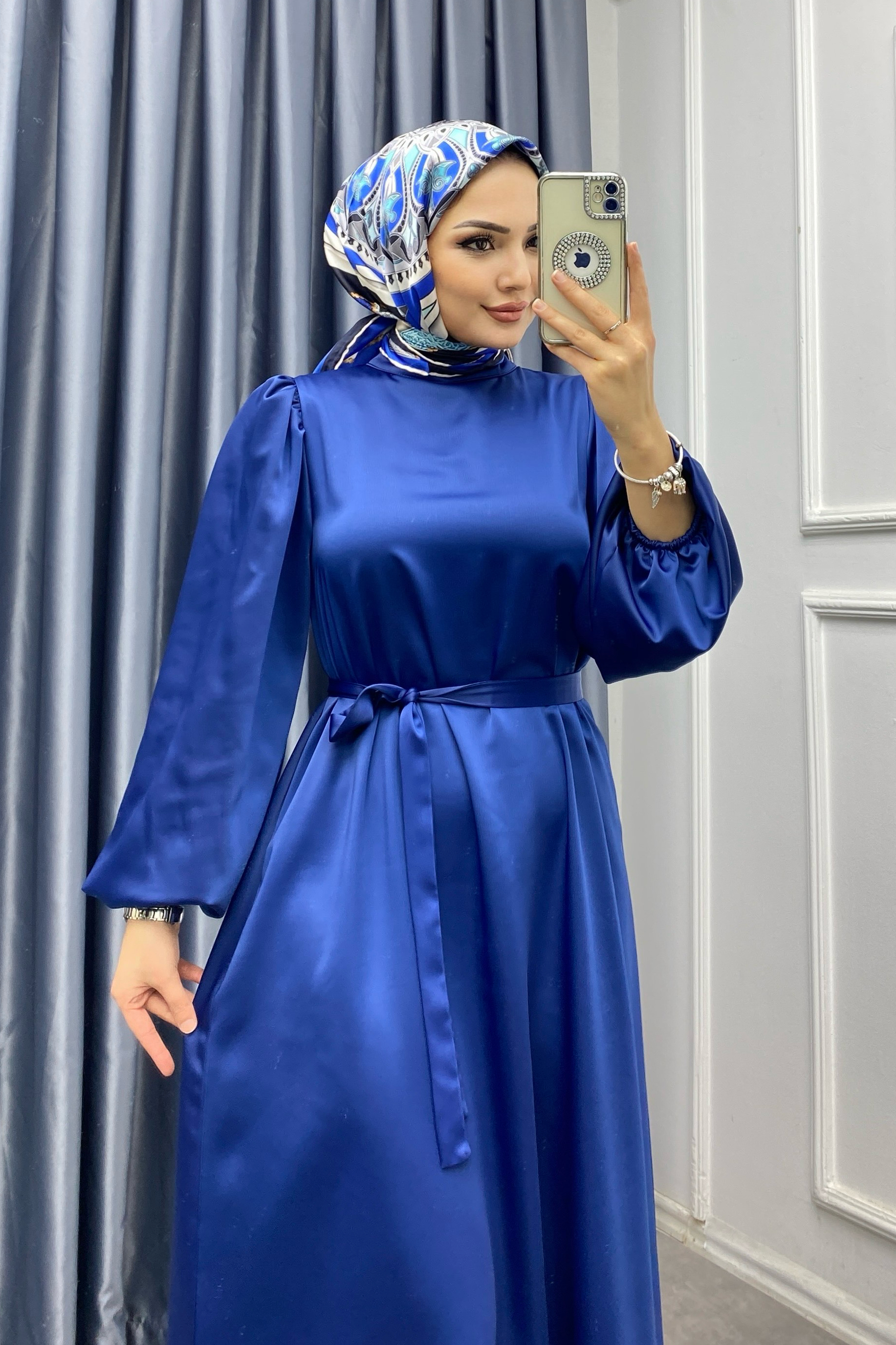 Balon Kol Saten Elbise İndigo