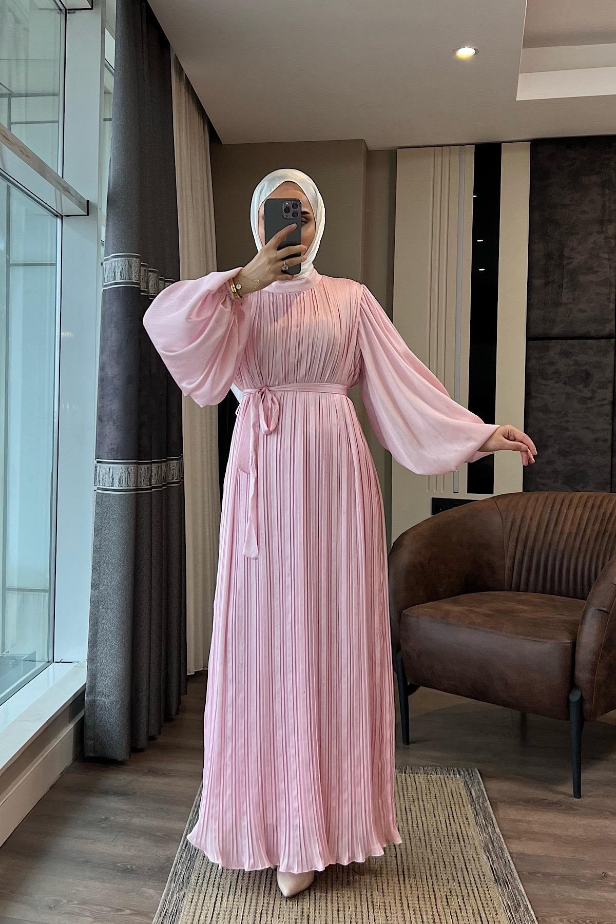 Balon Kol Saten Elbise Pembe