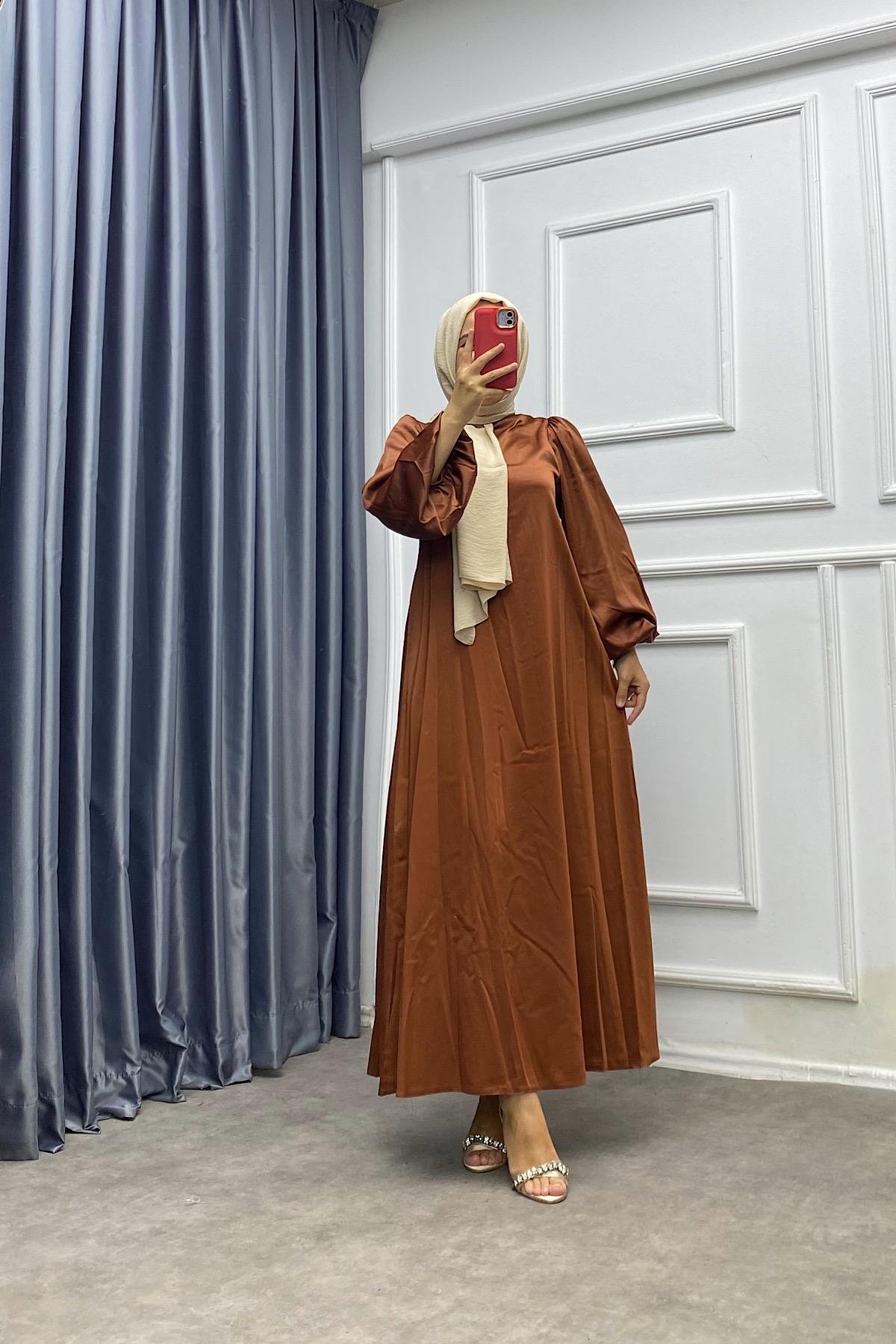 Balon Kol Saten Elbise Taba 