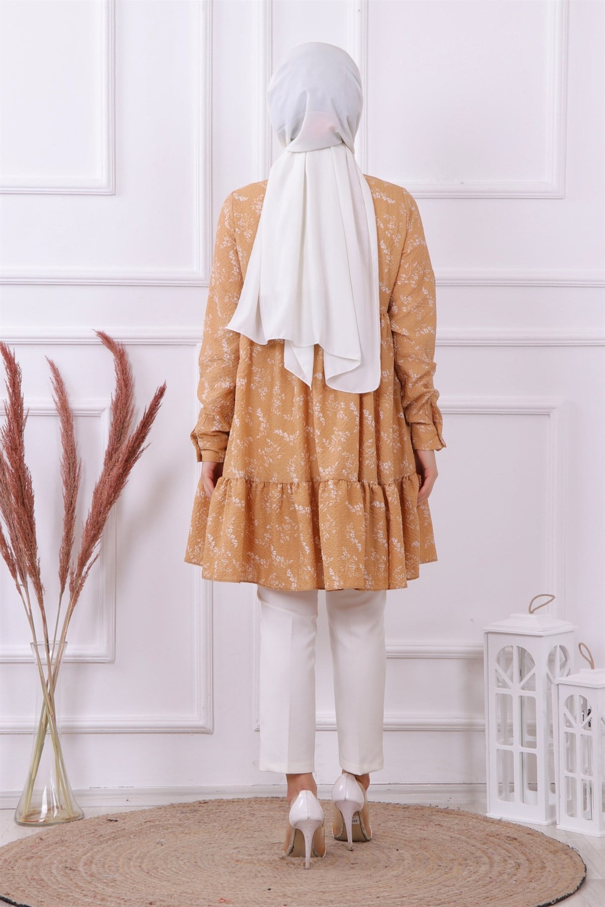 Baskılı gofre tunik camel