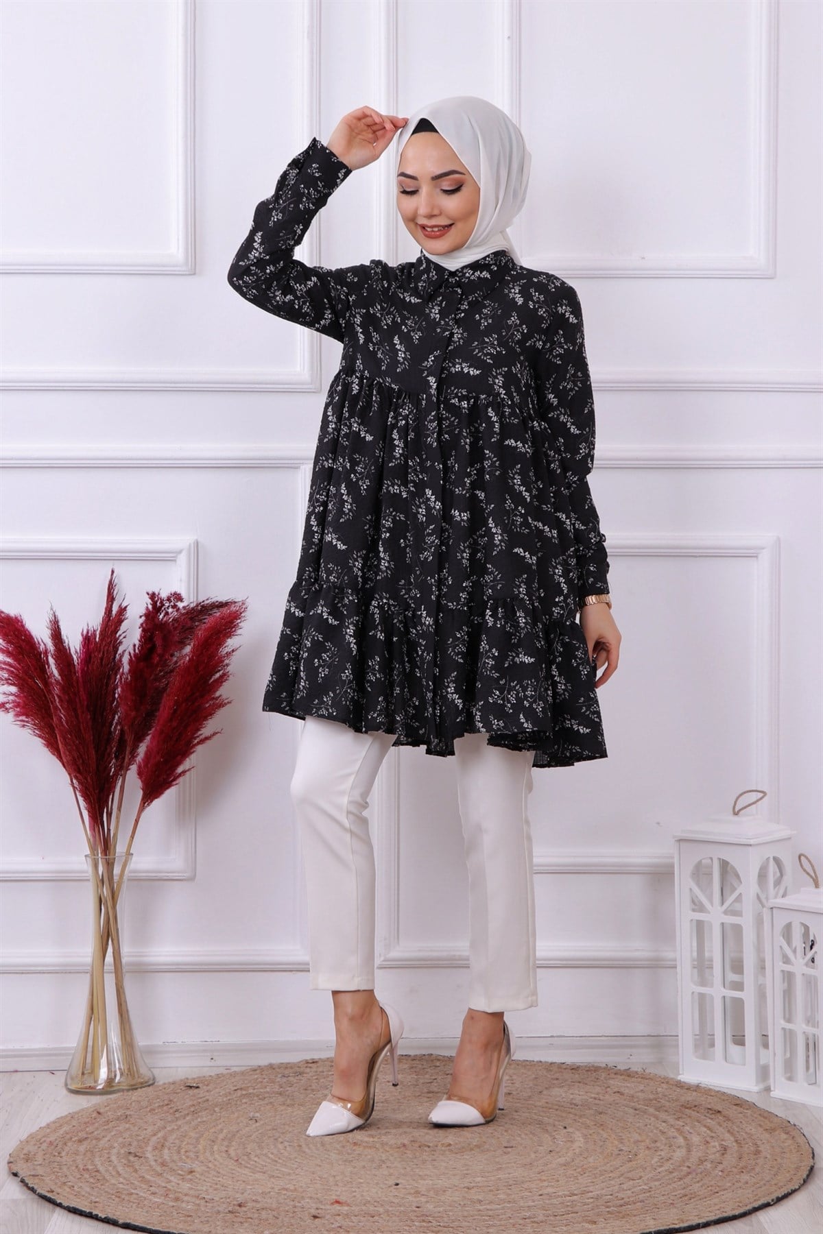Baskılı gofre tunik siyah