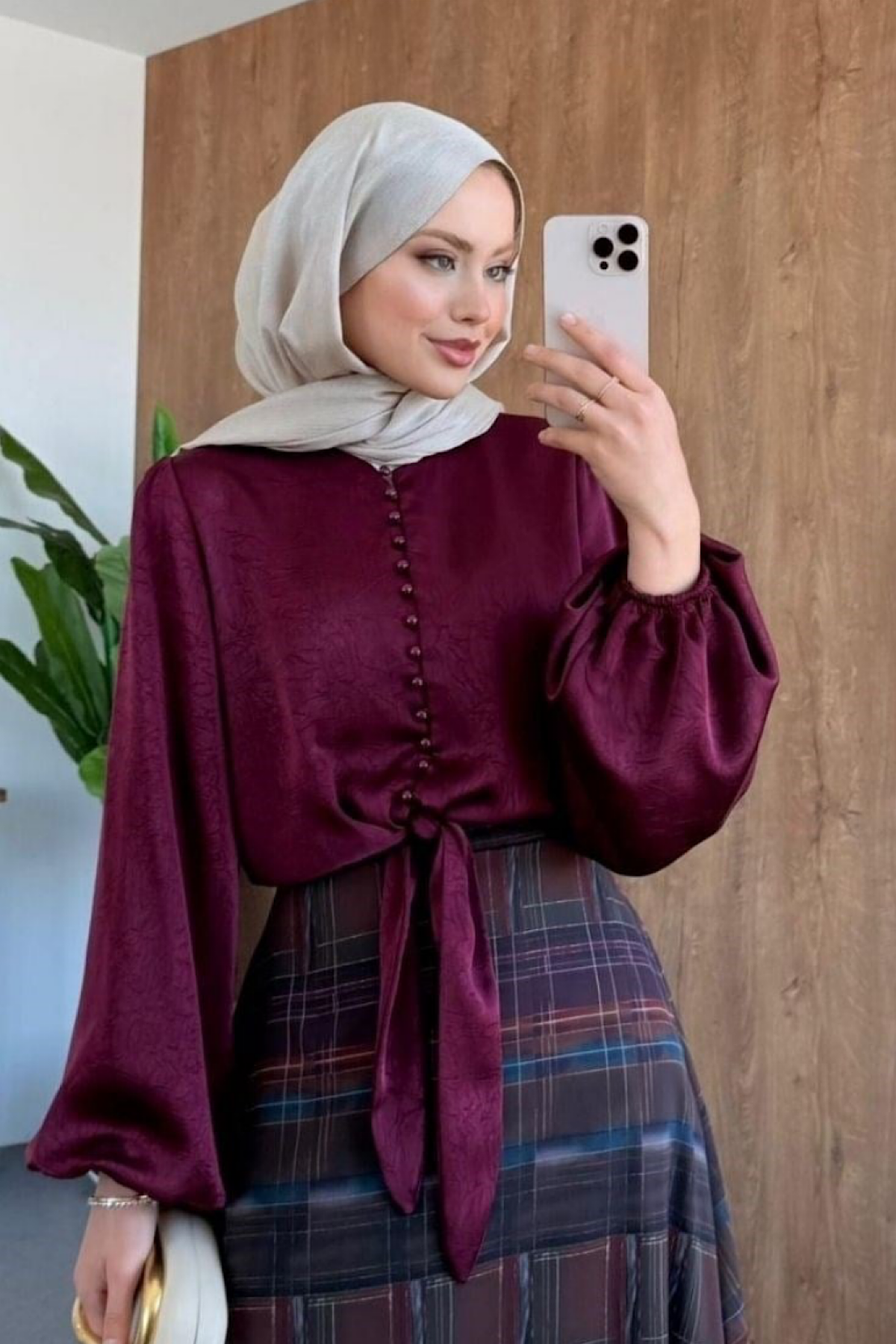 Balon Kol Saten Gömlek Vişne çürüğüDubaiShowroomÜST GİYİM01185