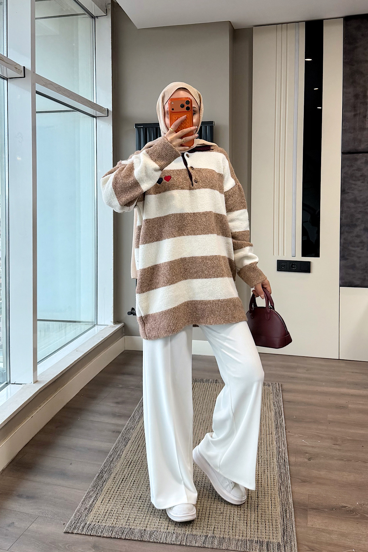 Polo Yaka Camel Beyaz Çizgili Yumoş TunikDubaiShowroomÜST GİYİM00968