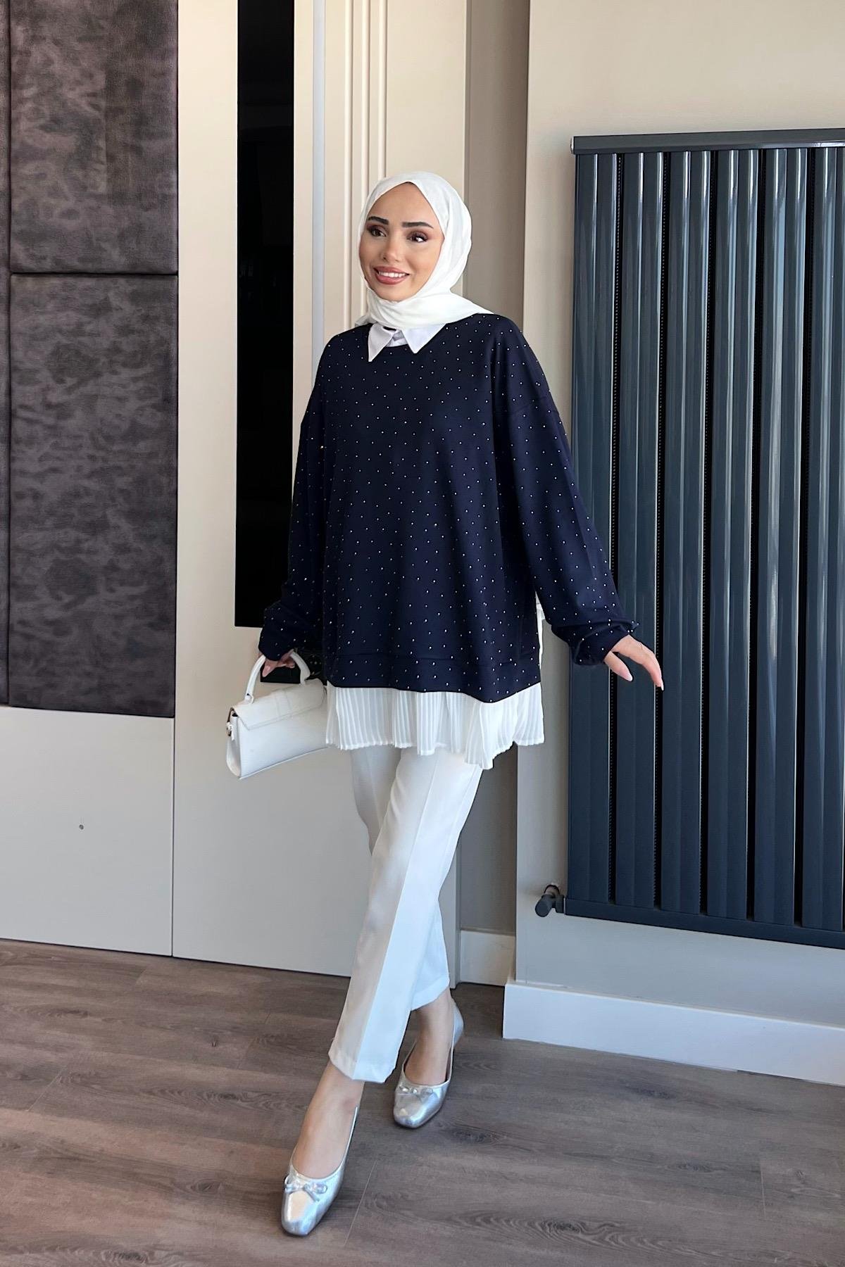 Kendinden Pileli Taşlı Sweat  LacivertDubaiShowroomSWEAT01069