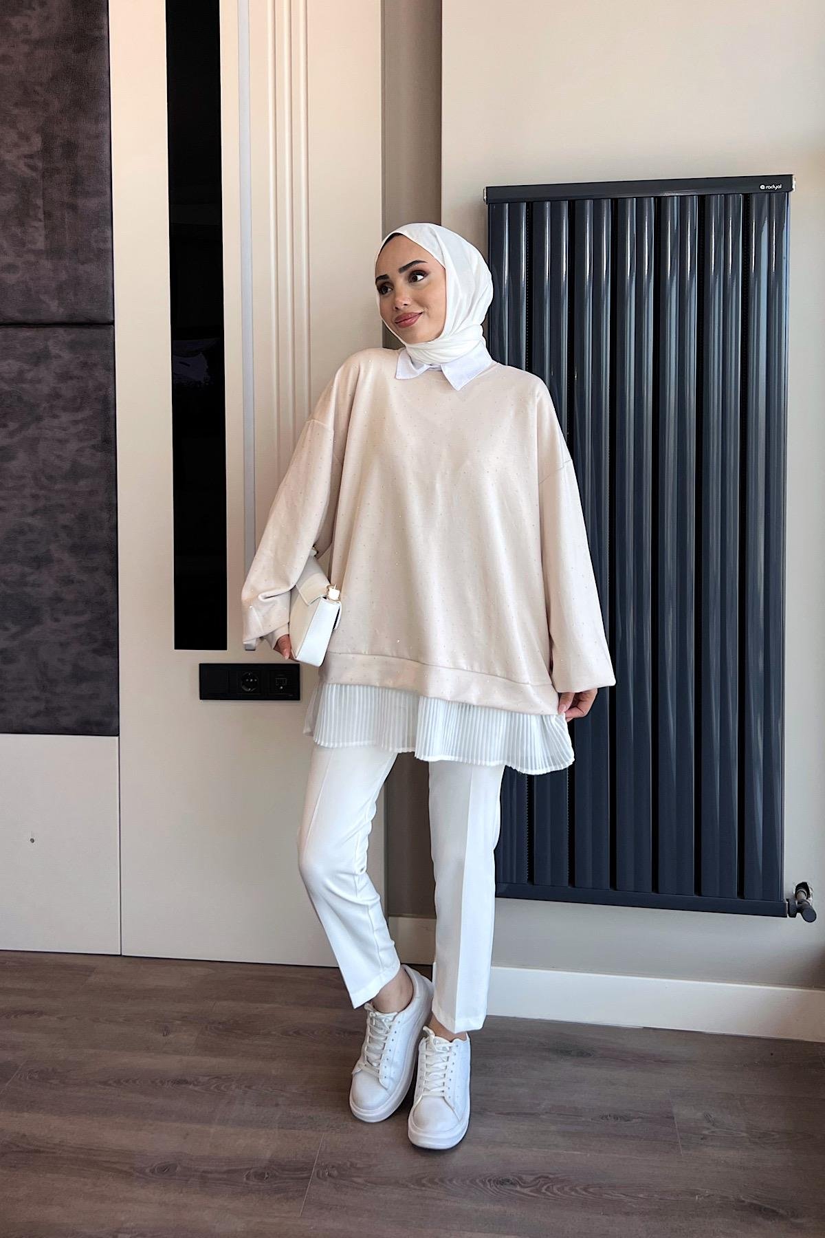 Kendinden Pileli Taşlı Sweat BejDubaiShowroomSWEAT010010-Bj