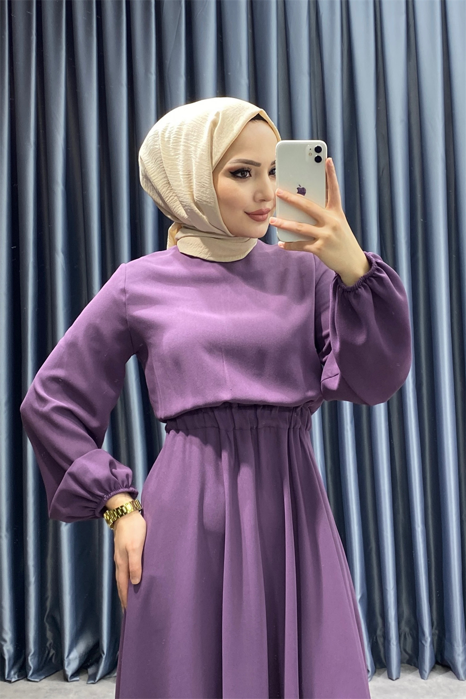 Beli lastikli elbise mor