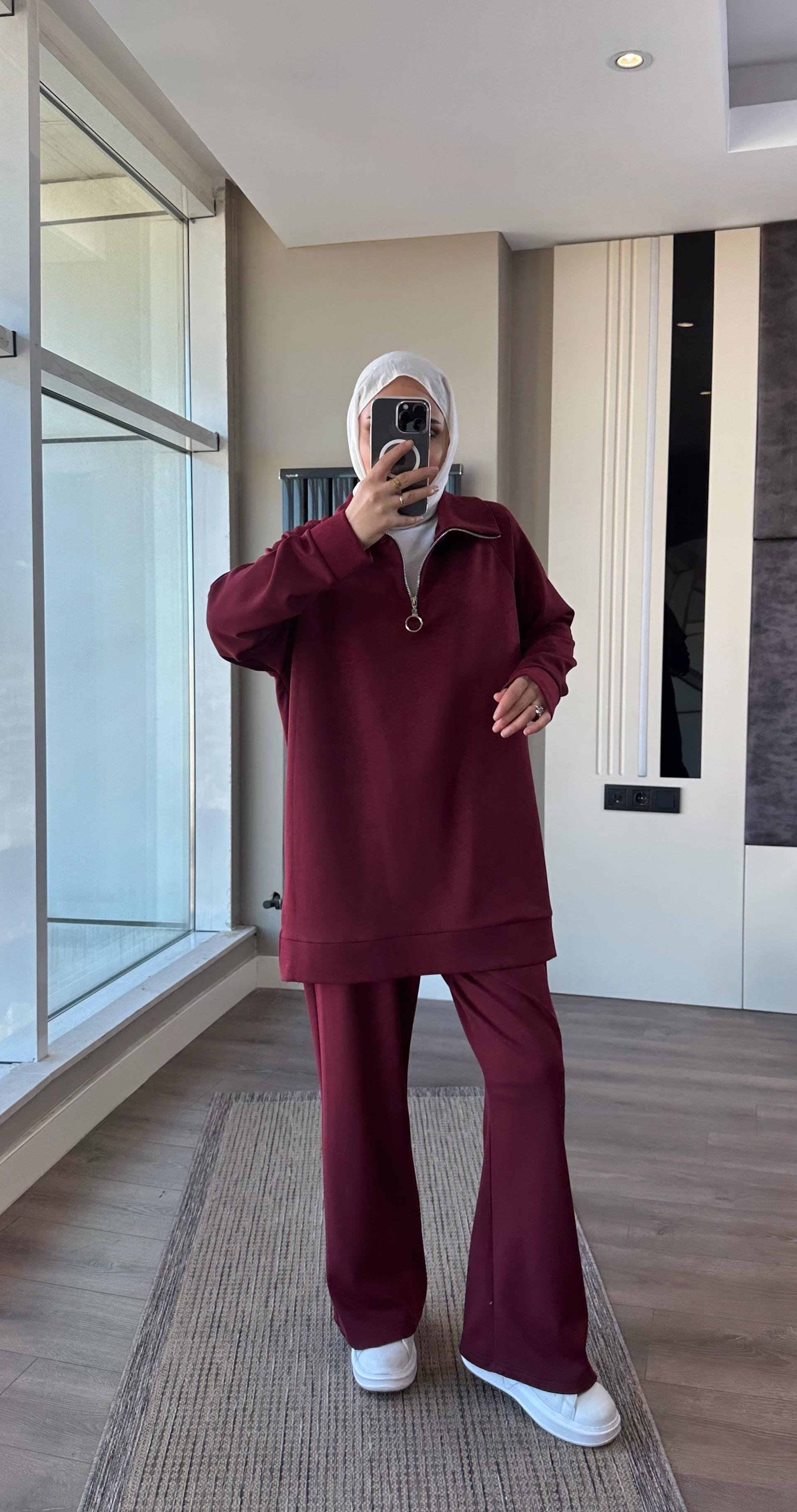 Yakası Fermuarlı Takım BordoDubaiShowroomTAKIM01020