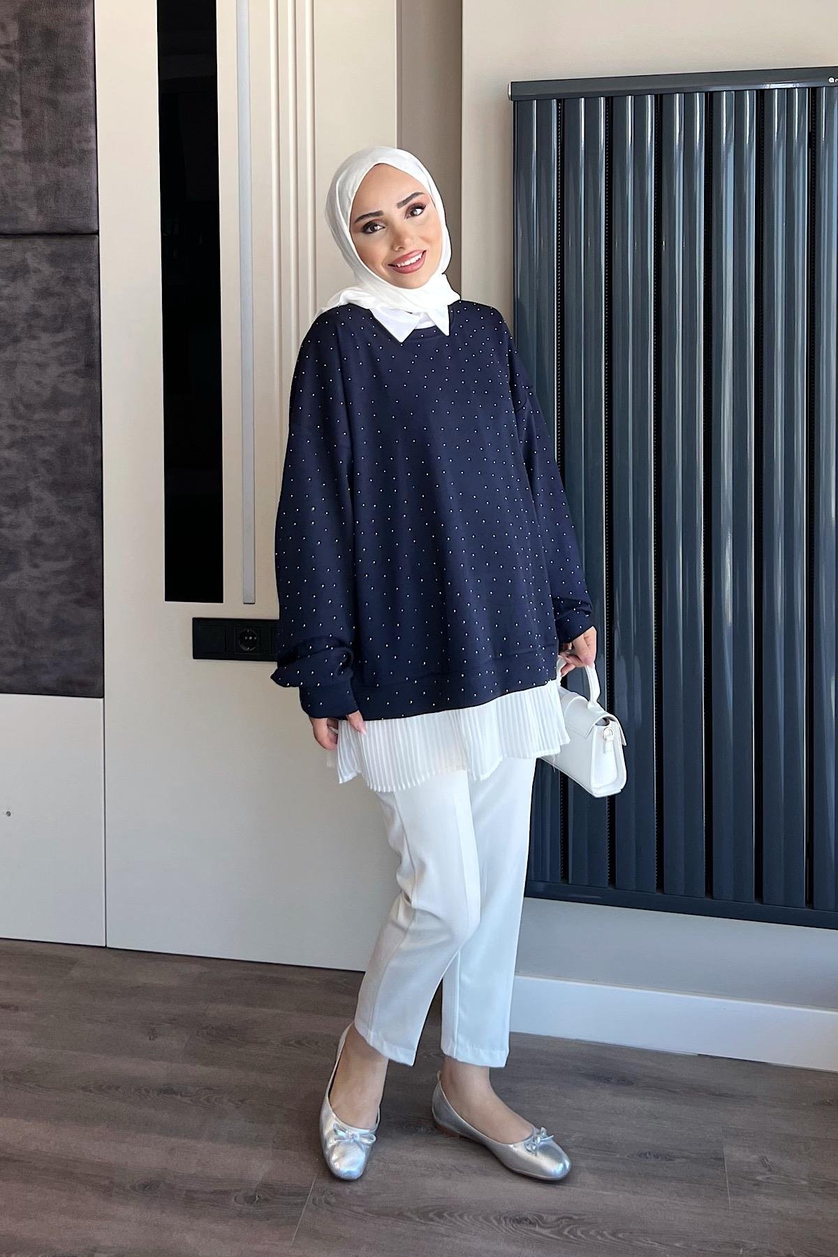 Kendinden Pileli Taşlı Sweat  LacivertDubaiShowroomSWEAT01069