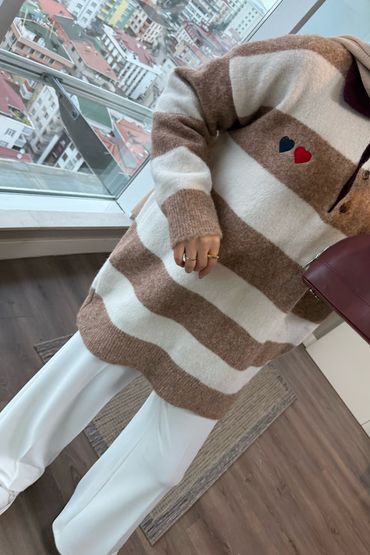 Polo Yaka Camel Beyaz Çizgili Yumoş TunikDubaiShowroomÜST GİYİM00968