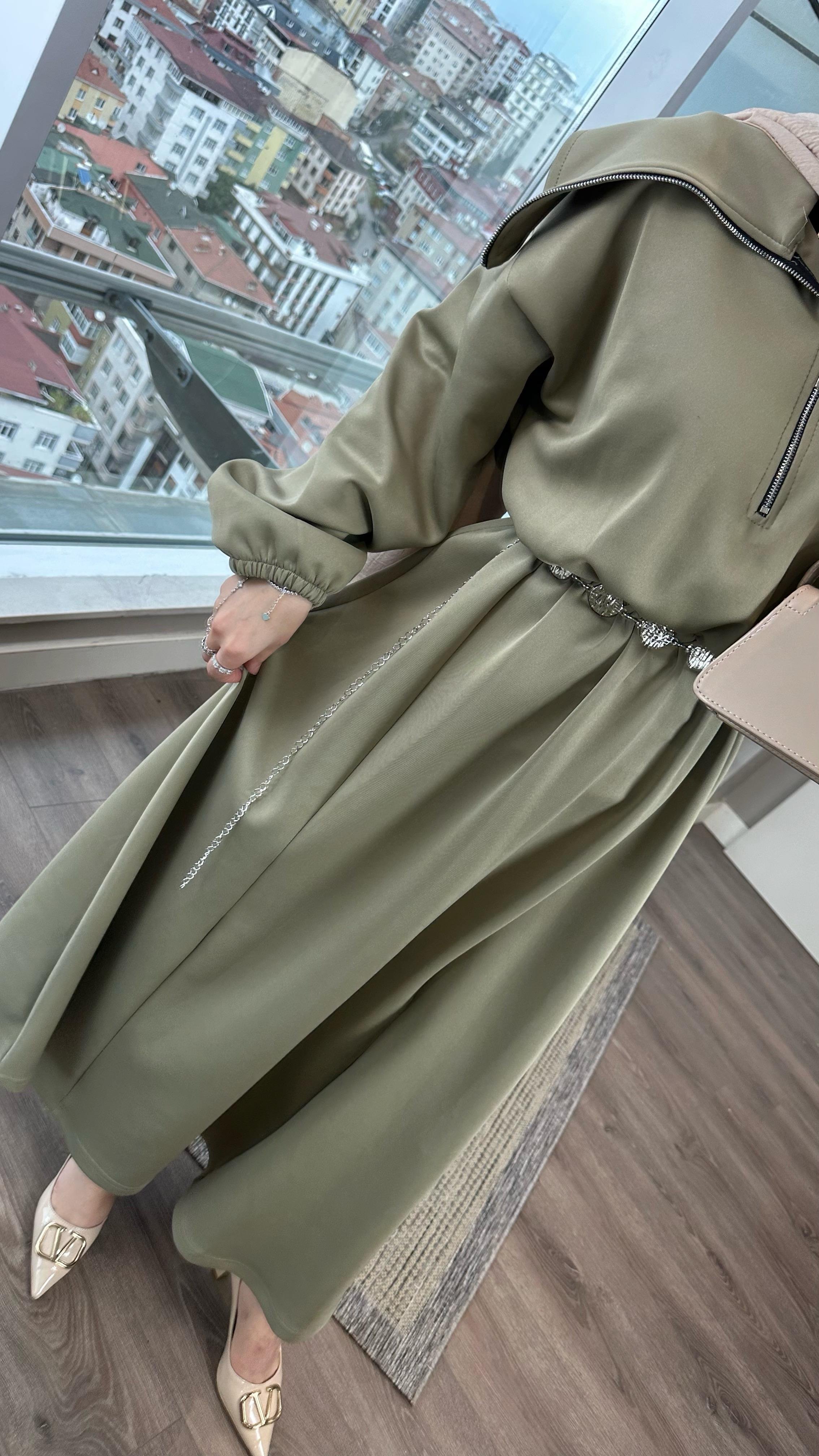Yakası Geniş Skuba Elbise YeşilDubaiShowroomELBİSELER01053