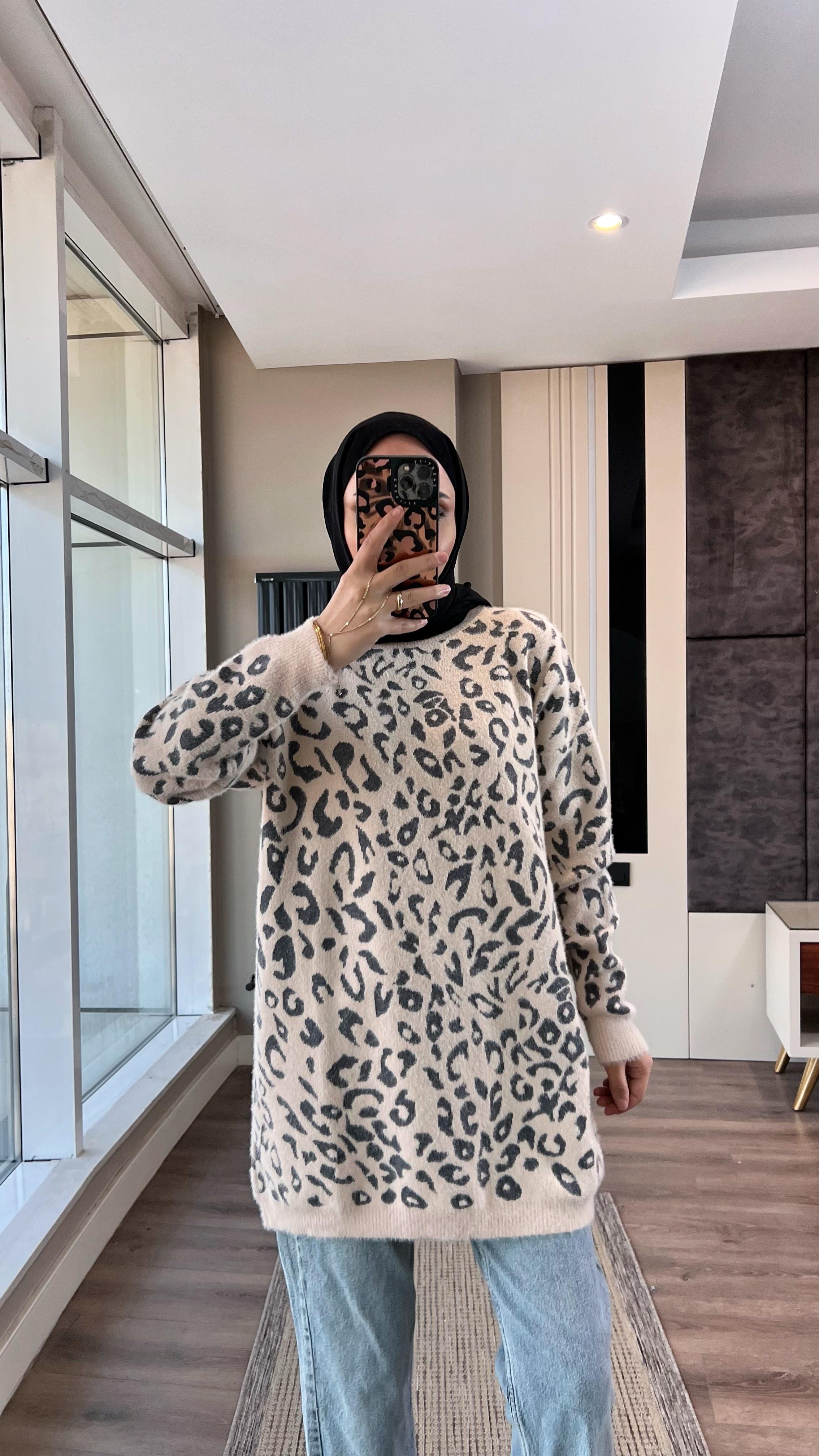 Leopar Yumoş Tunik BejDubaiShowroomÜST GİYİM9718