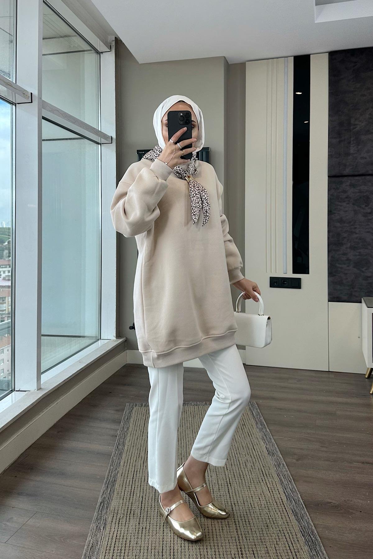 Fular Detaylı Üç iplik sweat BejDubaiShowroomÜST GİYİM08580