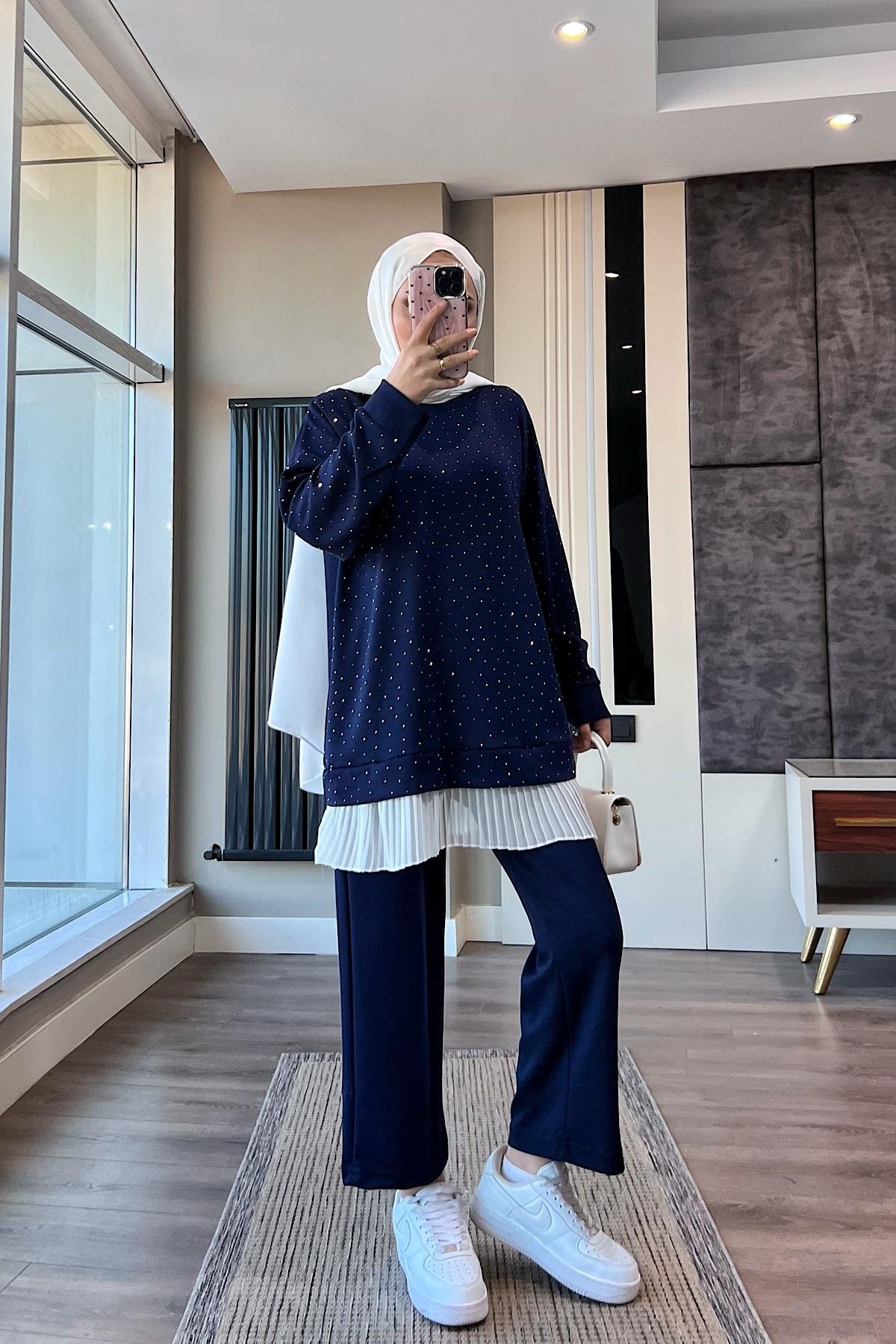 Altı Pileli Üzeri taşlı Takım Lacivert DubaiShowroomTAKIM41654
