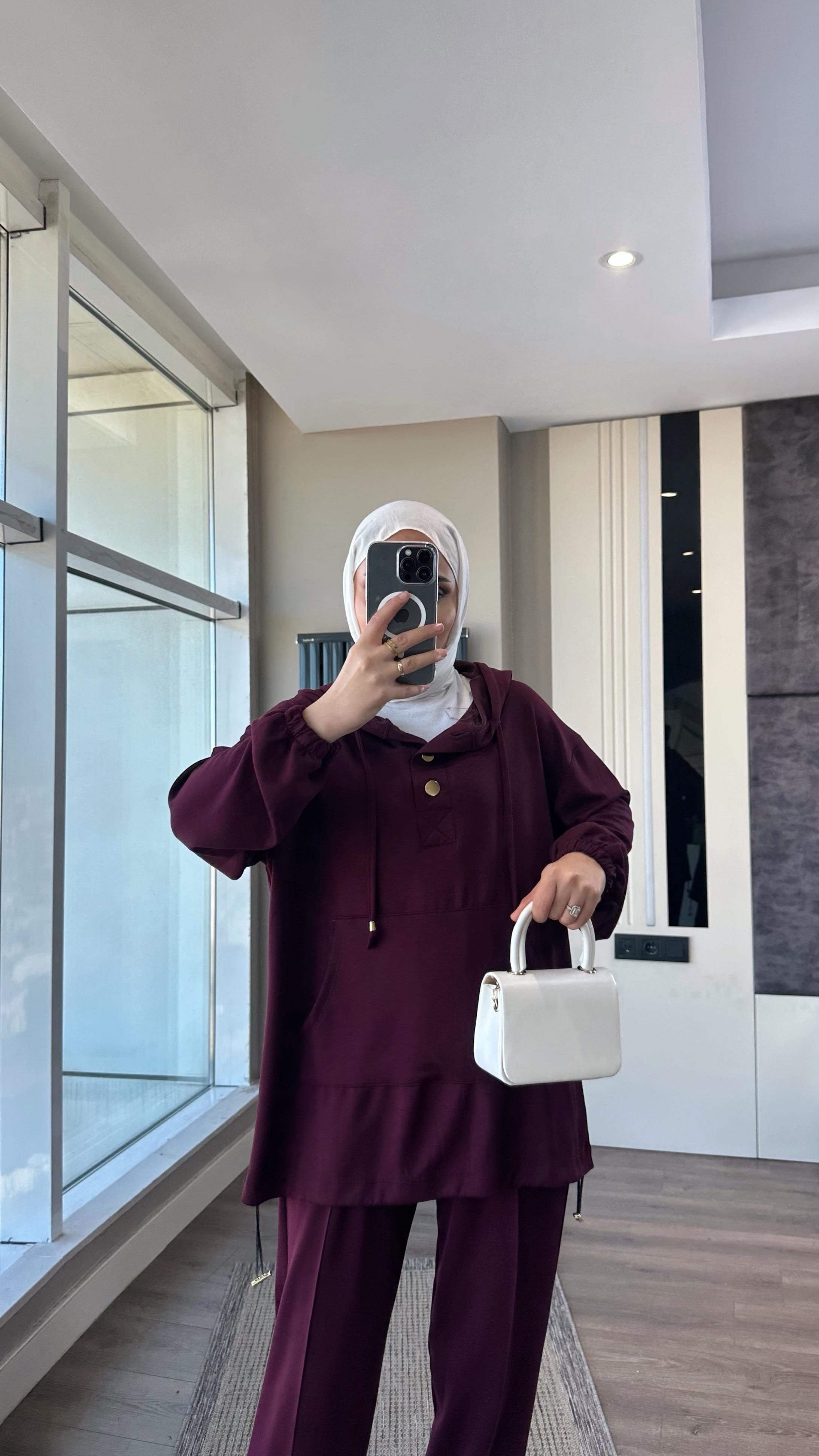 Paçası Pensli Kapşonlu Takım BordoDubaiShowroomTAKIM01038