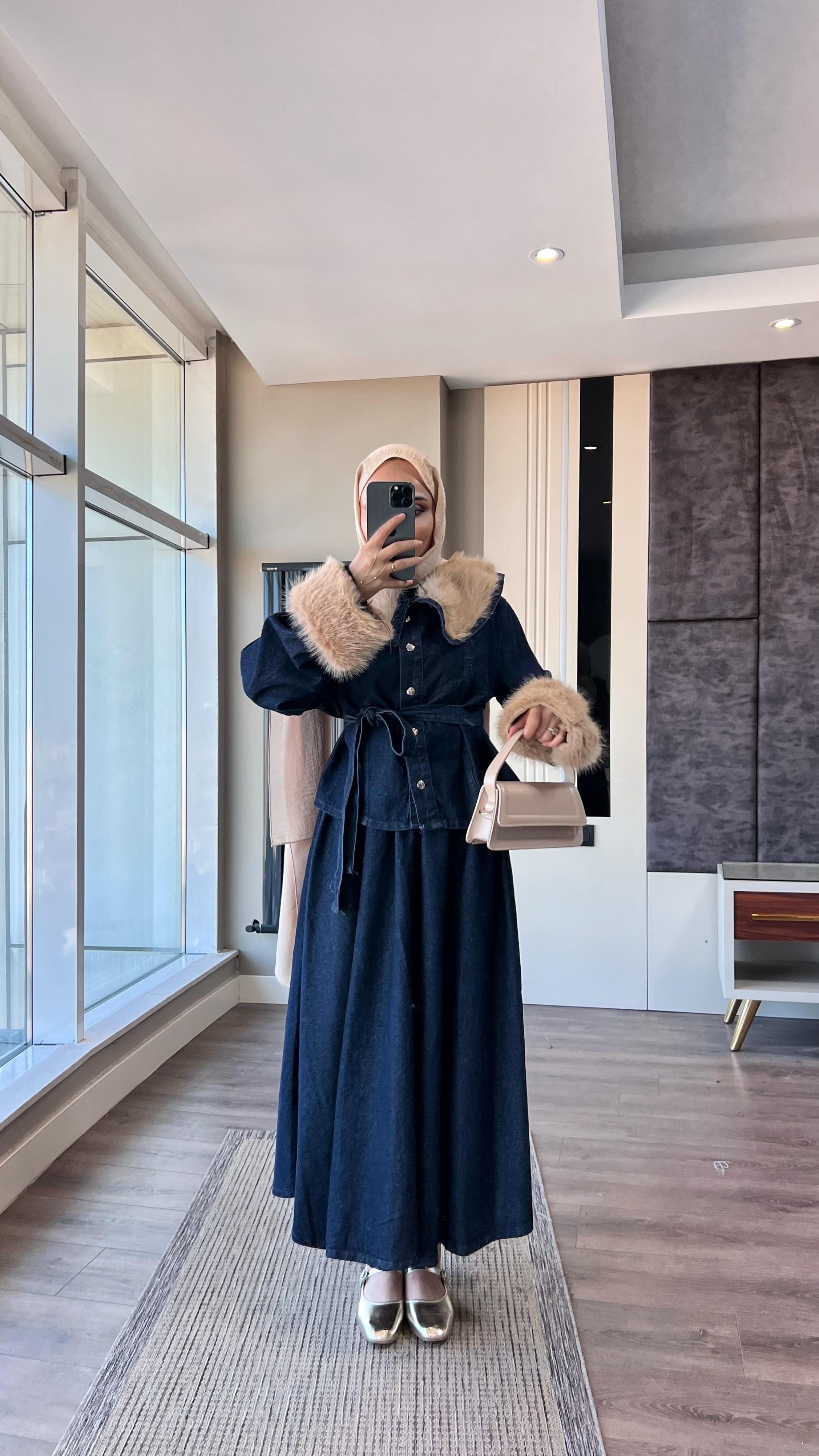 Manşet Kürk Detay Denim Takım Koyu KotDubaiShowroomTAKIM41478
