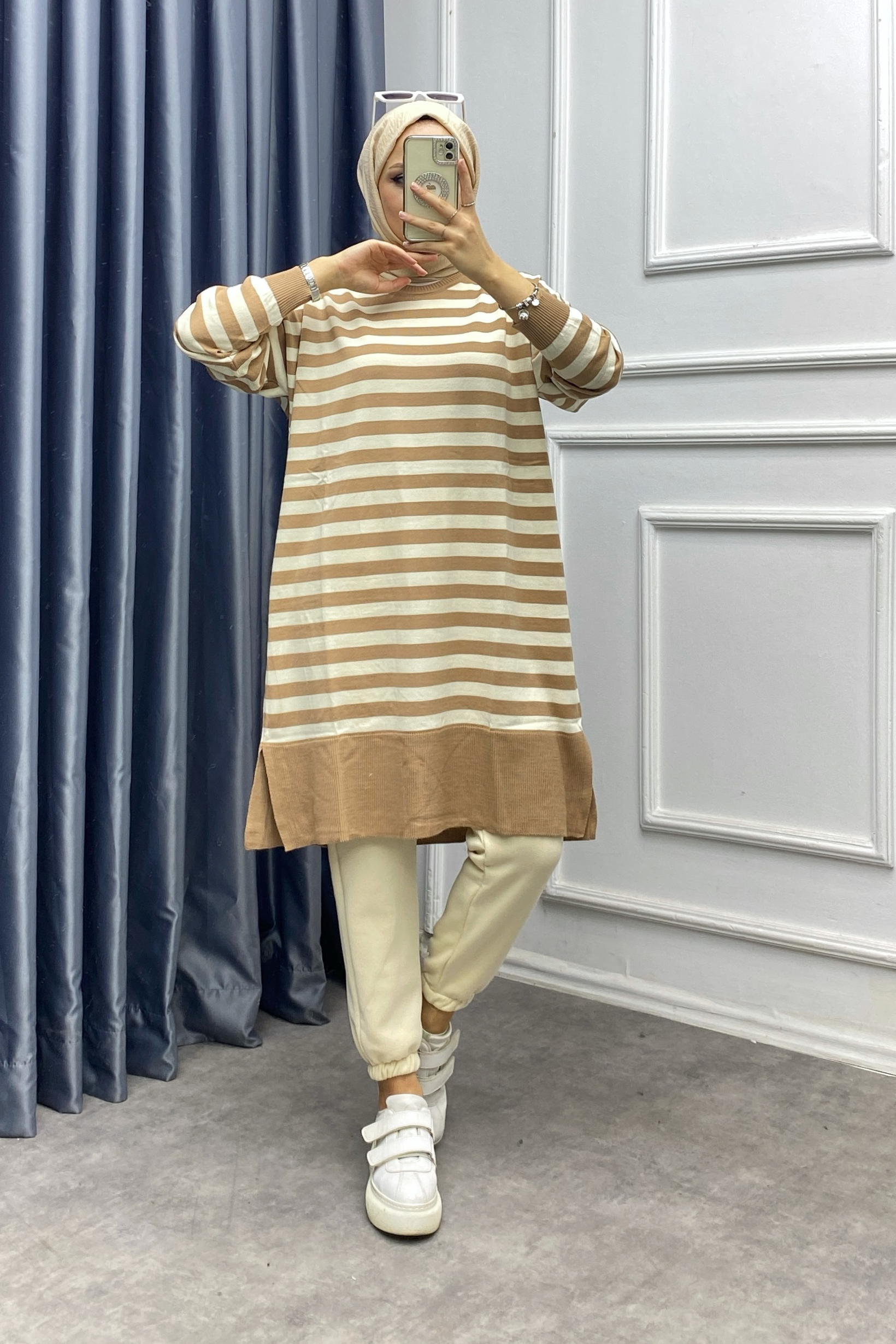 Camel çizgili triko tunik
