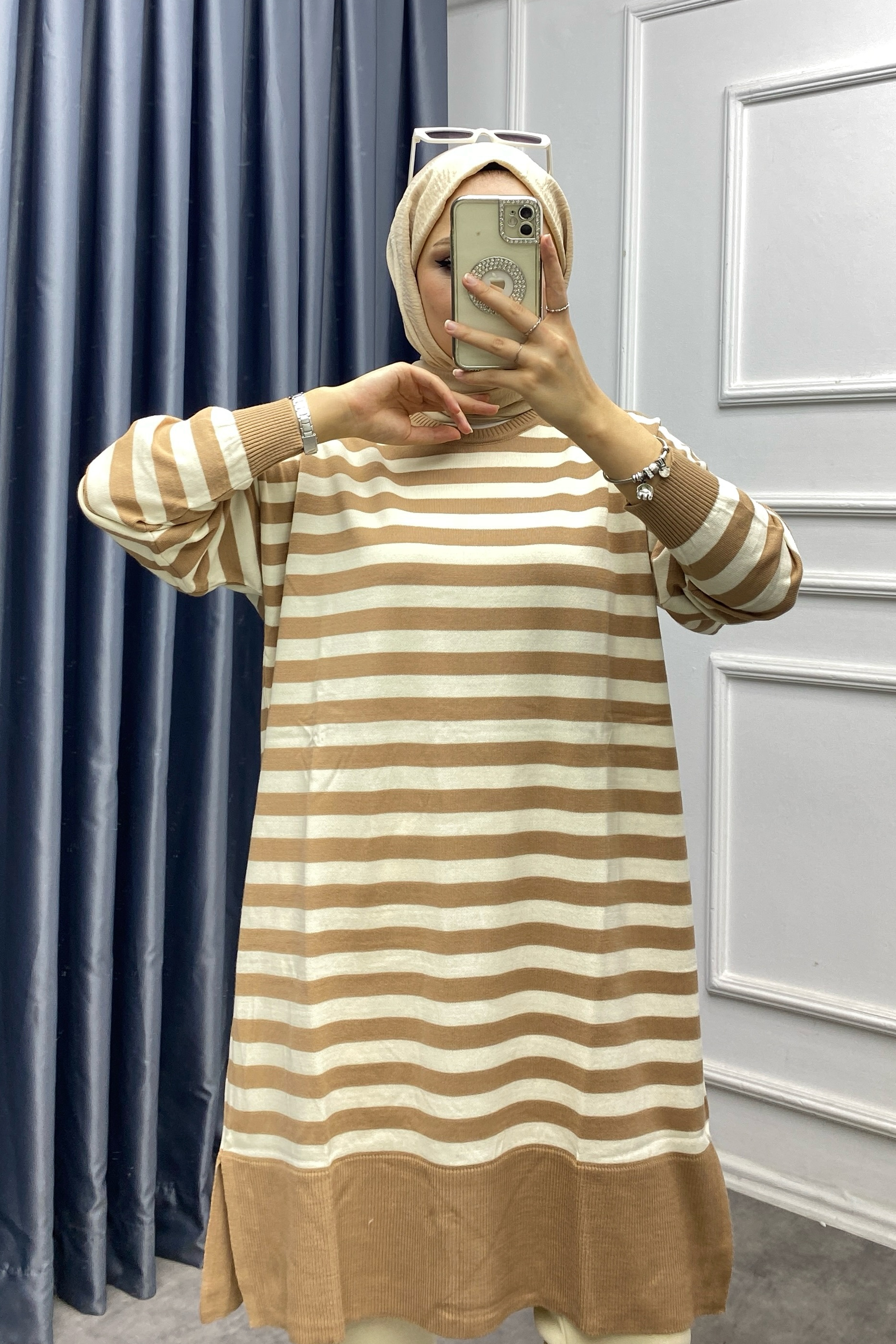 Camel çizgili triko tunik