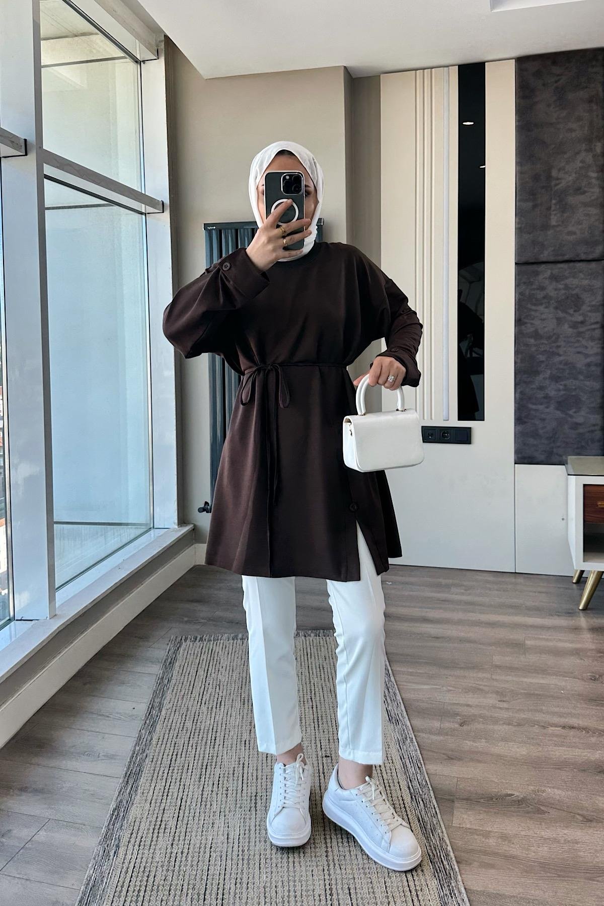 Düğme Detaylı Tunik Kahverengi DubaiShowroomÜST GİYİM17031