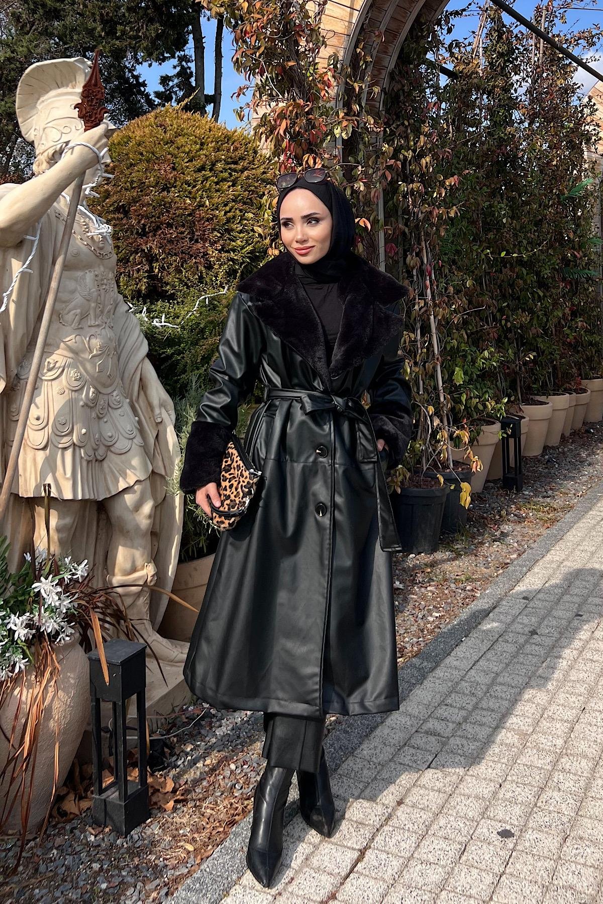 Yakası Kürklü Deri Trenç SiyahDubaiShowroomDIŞ GİYİM00995