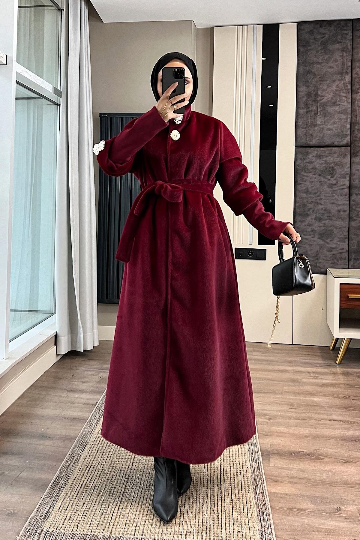 Kol Ribanalı Angora Kaban BordoDubaiShowroomDIŞ GİYİM09159