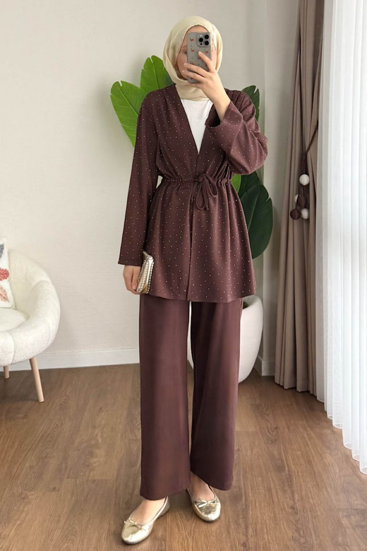 Taşlı İkili Oysho Takım Kahverengi DubaiShowroomTAKIM05665