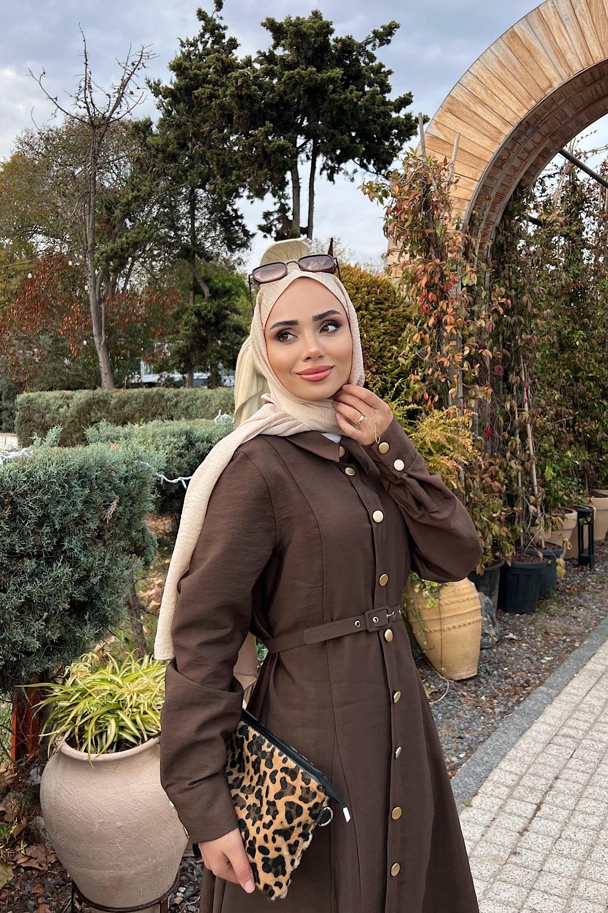 Kemerli Elbise KahverengiDubaiShowroomELBİSELER01152