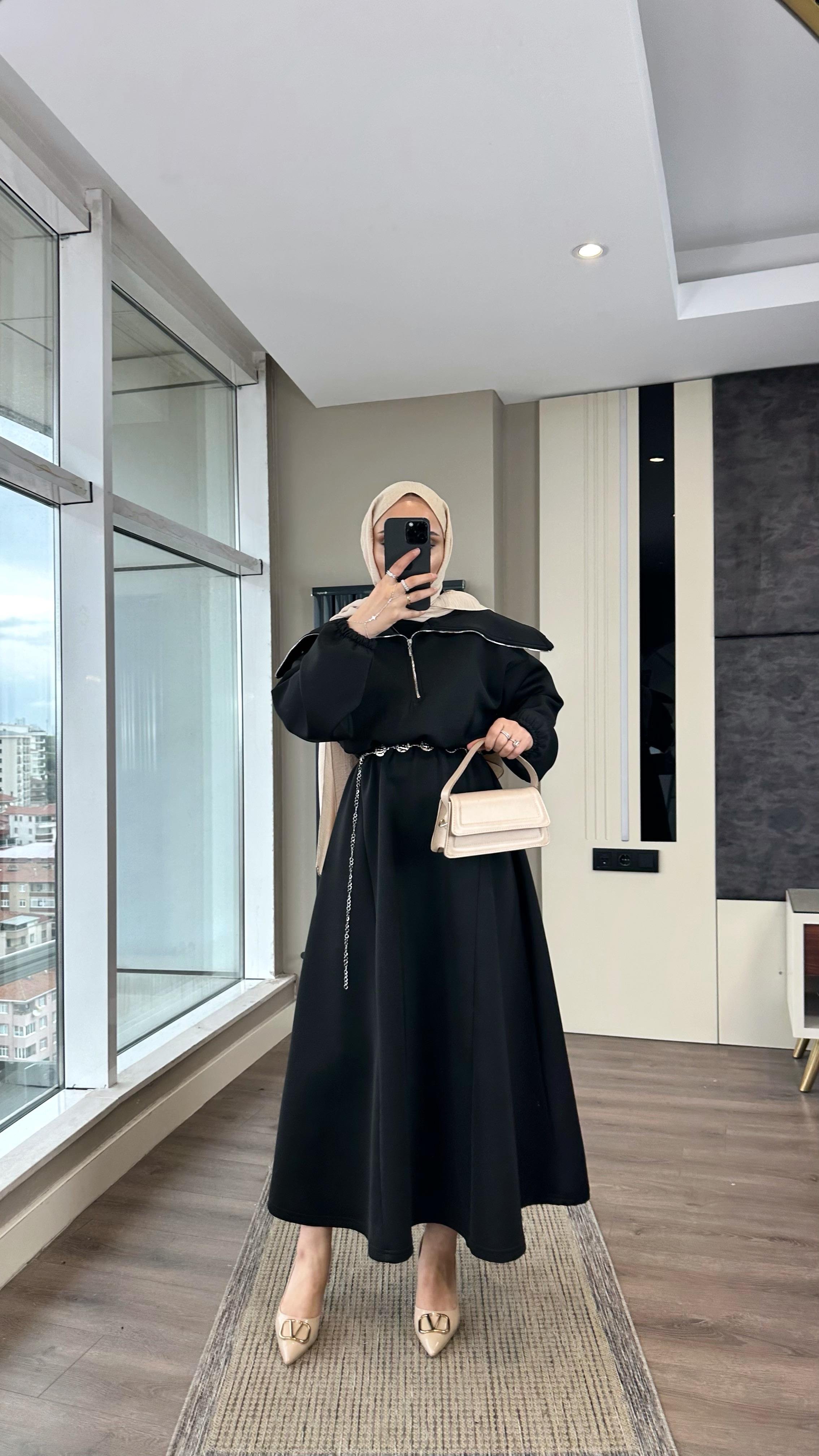 Yakası Geniş Skuba Elbise SiyahDubaiShowroomELBİSELER01053